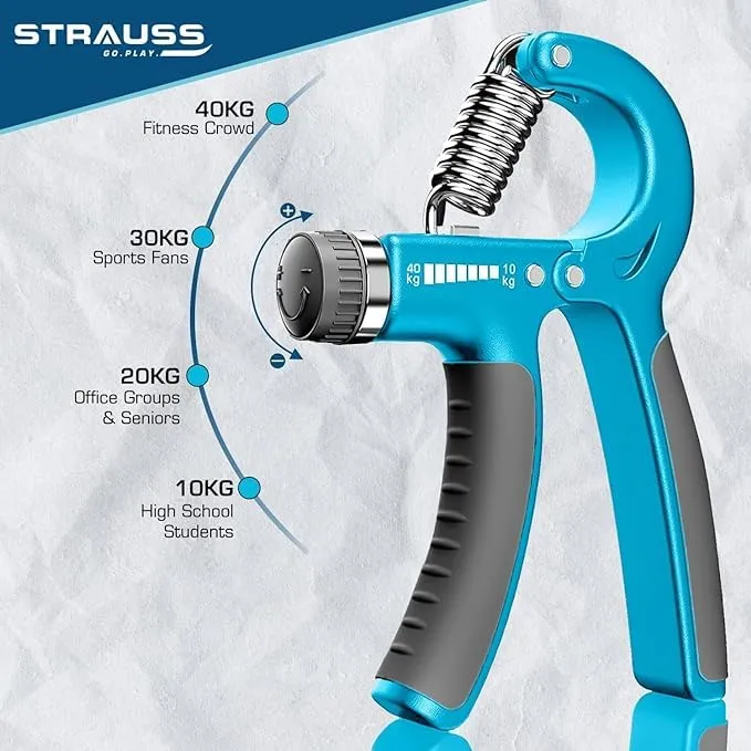 Strauss Adjustable Hand Grip| Adjustable Resistance (10KG - 40KG) | Hand Gripper for Home & Gym Workouts | Perfect for Finger & Forearm Hand Exercises & Strength Building (Black/Blue) Pack of 10