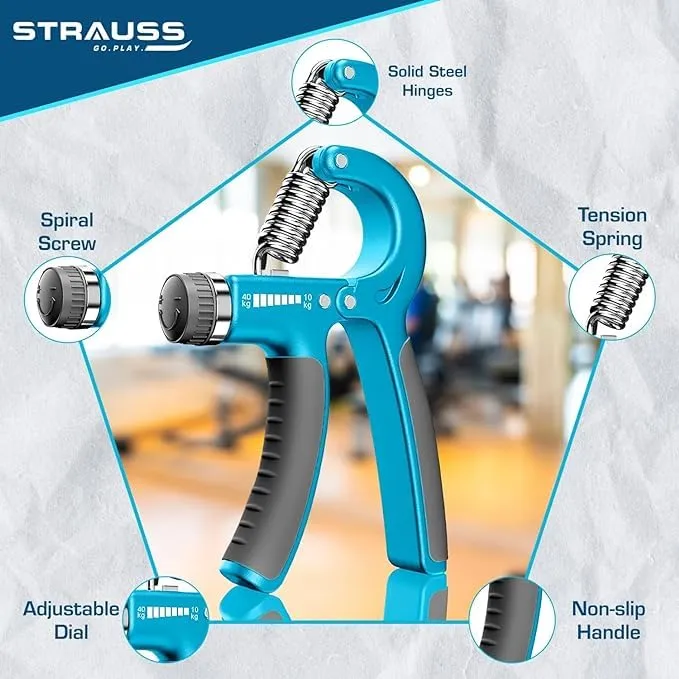 Strauss Adjustable Hand Grip| Adjustable Resistance (10KG - 40KG) | Hand Gripper for Home & Gym Workouts | Perfect for Finger & Forearm Hand Exercises & Strength Building (Black/Blue) Pack of 10