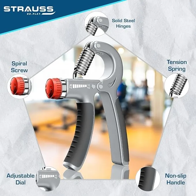 Strauss Adjustable Hand Grip | Adjustable Resistance (10KG - 40KG) | Hand Gripper for Home & Gym Workouts | Perfect for Finger & Forearm Hand Exercises for Men & Women (Black/Grey) | Pack of 12