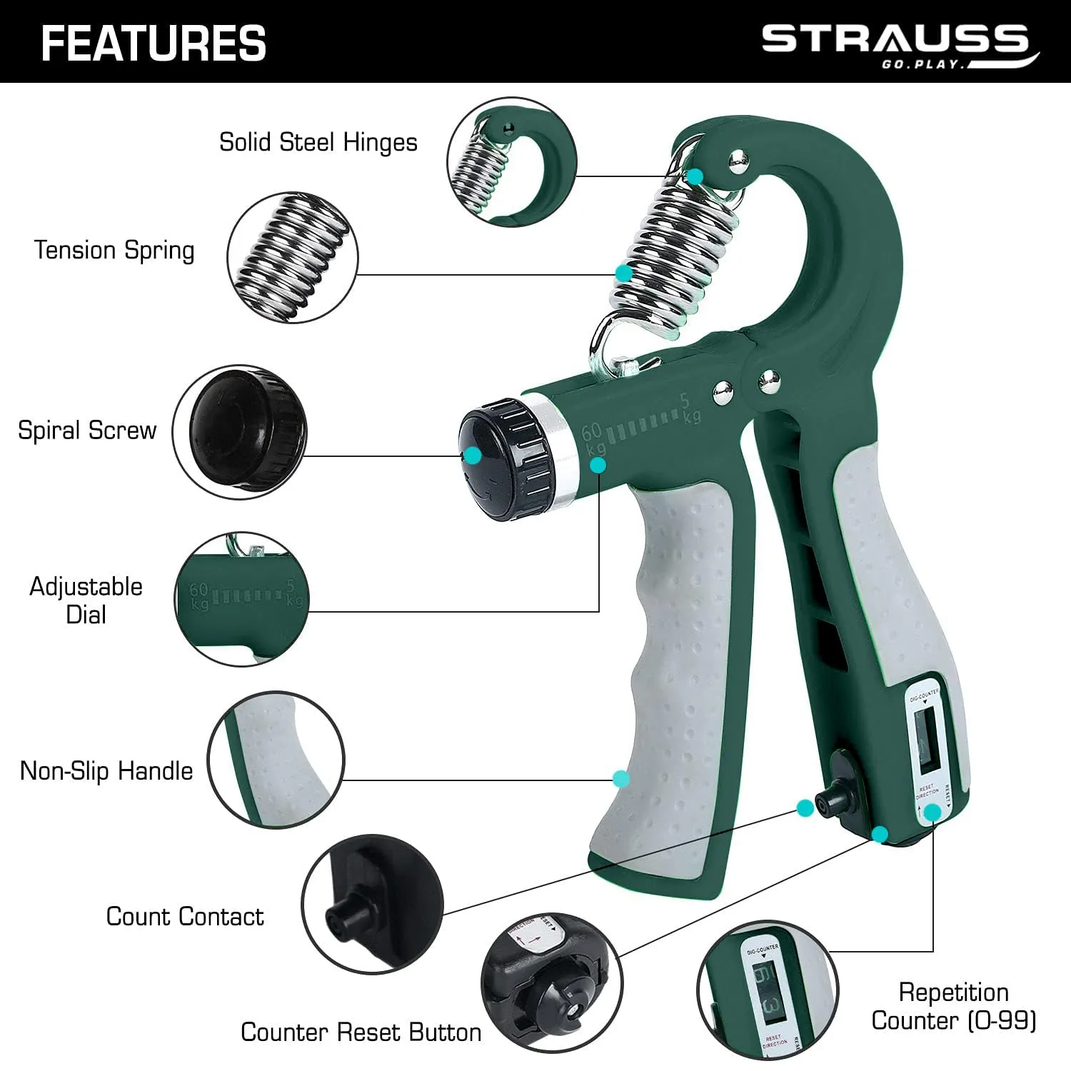 Strauss Adjustable Hand Grip| Adjustable Resistance (10KG - 40KG) | Hand Gripper for Home & Gym Workouts | Perfect for Finger & Forearm Hand Exercises for Men & Women (Dark Green)