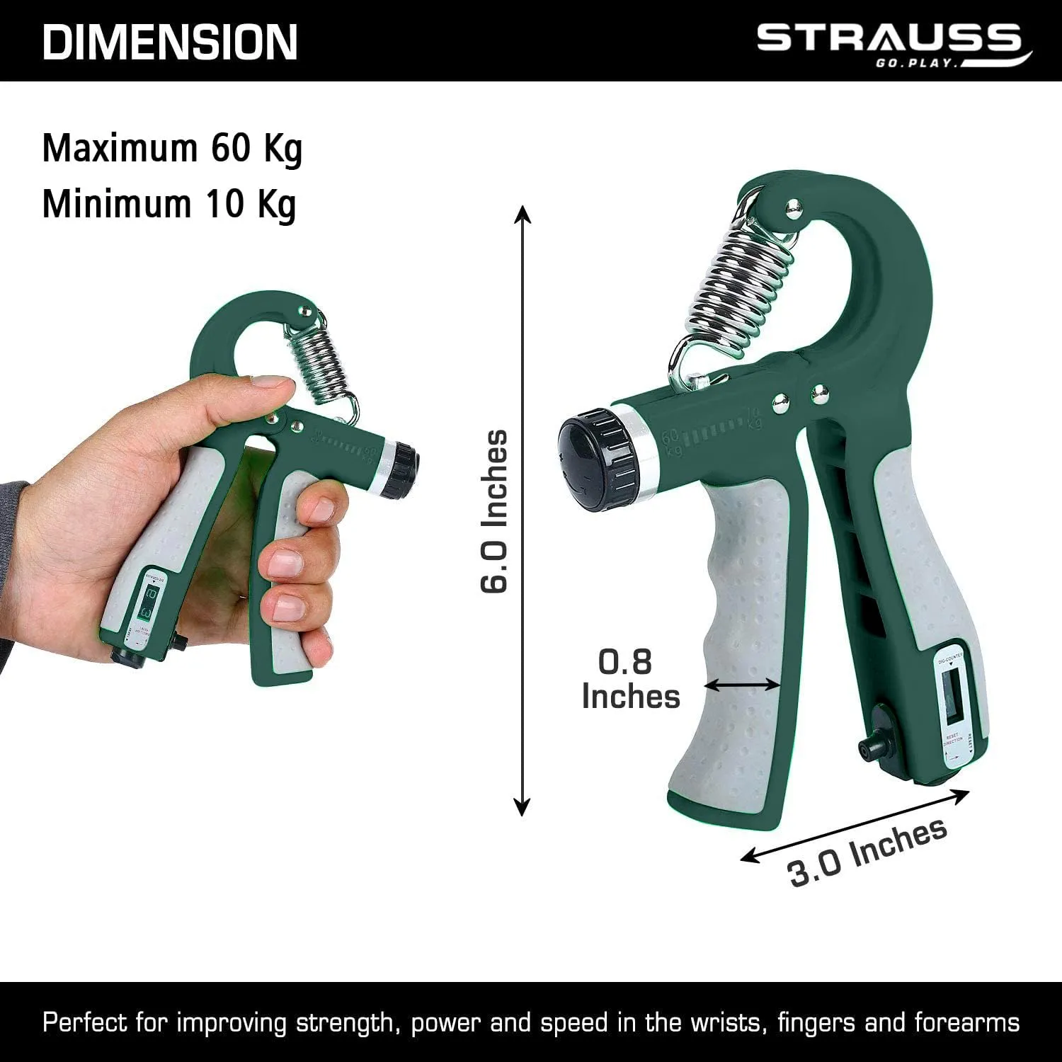 Strauss Adjustable Hand Grip| Adjustable Resistance (10KG - 40KG) | Hand Gripper for Home & Gym Workouts | Perfect for Finger & Forearm Hand Exercises for Men & Women (Dark Green)