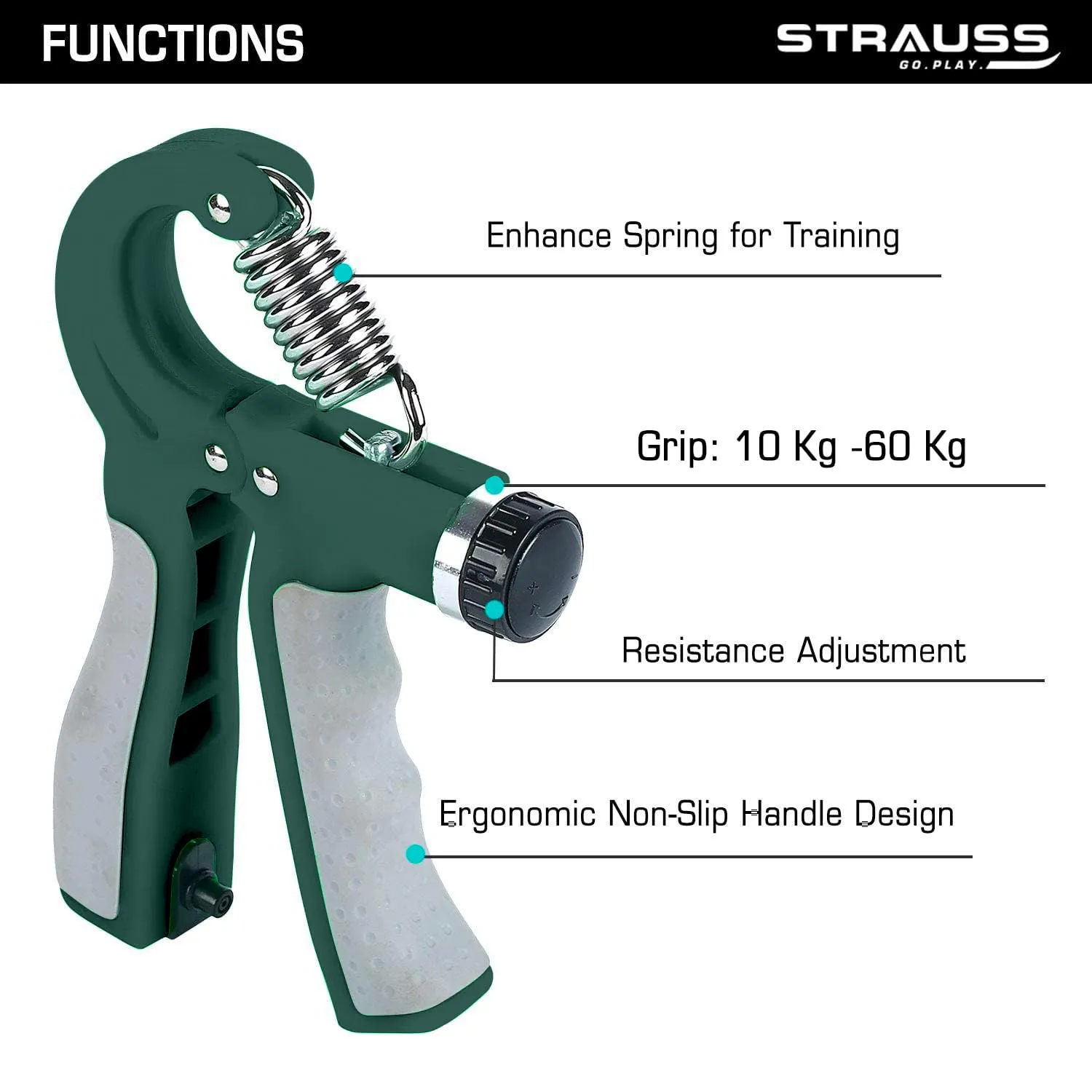 Strauss Adjustable Hand Grip| Adjustable Resistance (10KG - 40KG) | Hand Gripper for Home & Gym Workouts | Perfect for Finger & Forearm Hand Exercises for Men & Women (Dark Green)