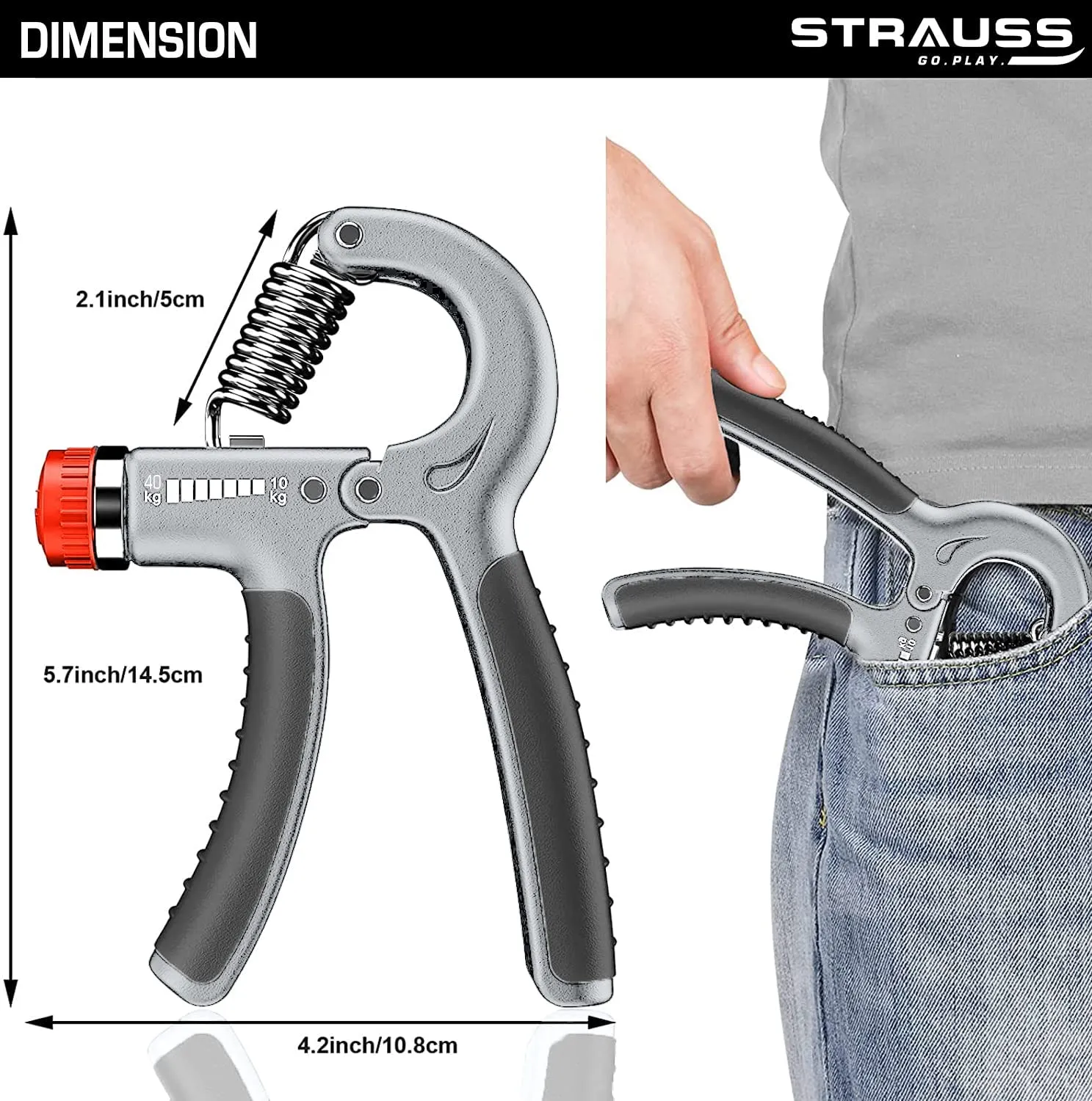 Strauss Adjustable Hand Grip Strengthener - Grey & Black (Pack of 2)