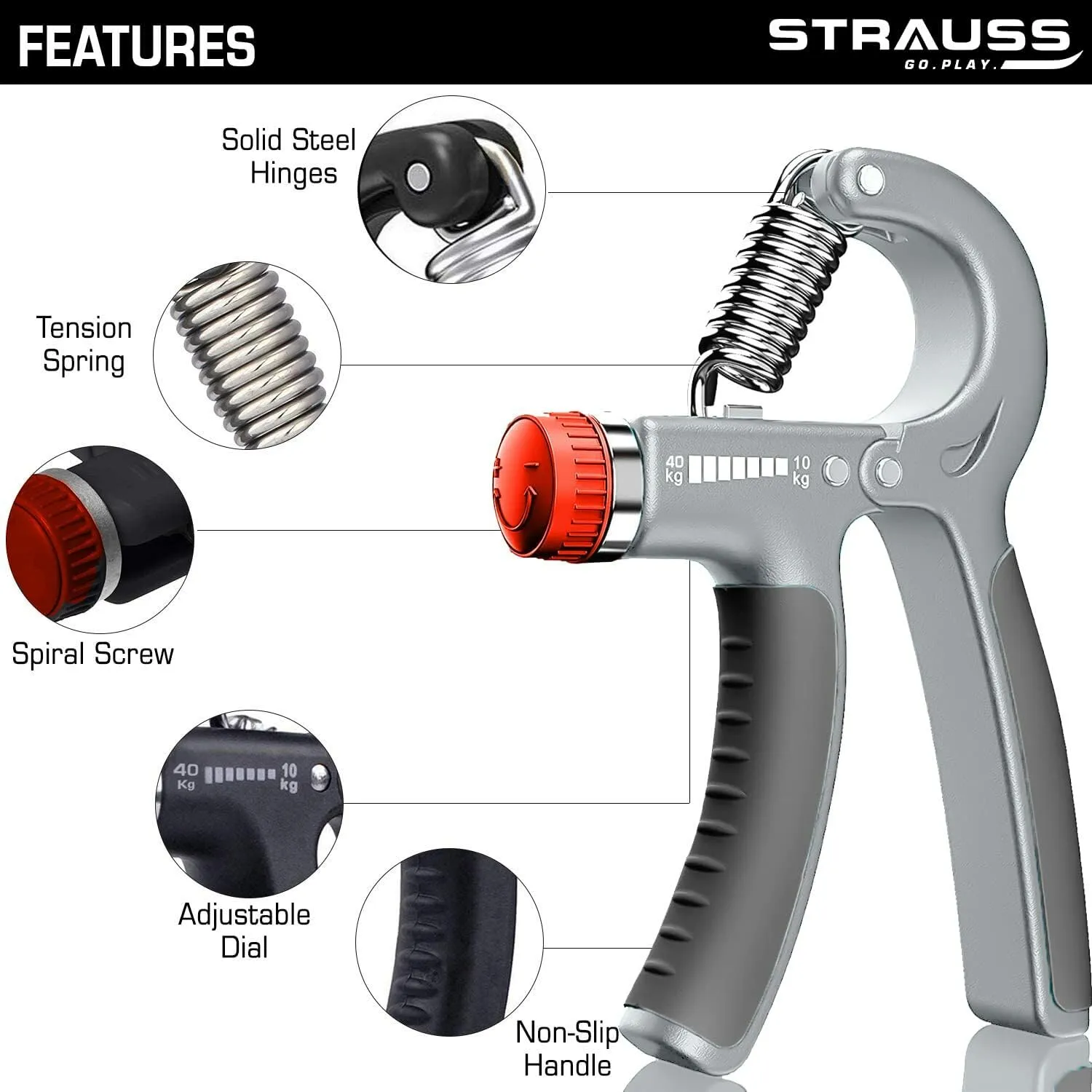 Strauss Adjustable Hand Grip Strengthener - Grey & Black (Pack of 2)