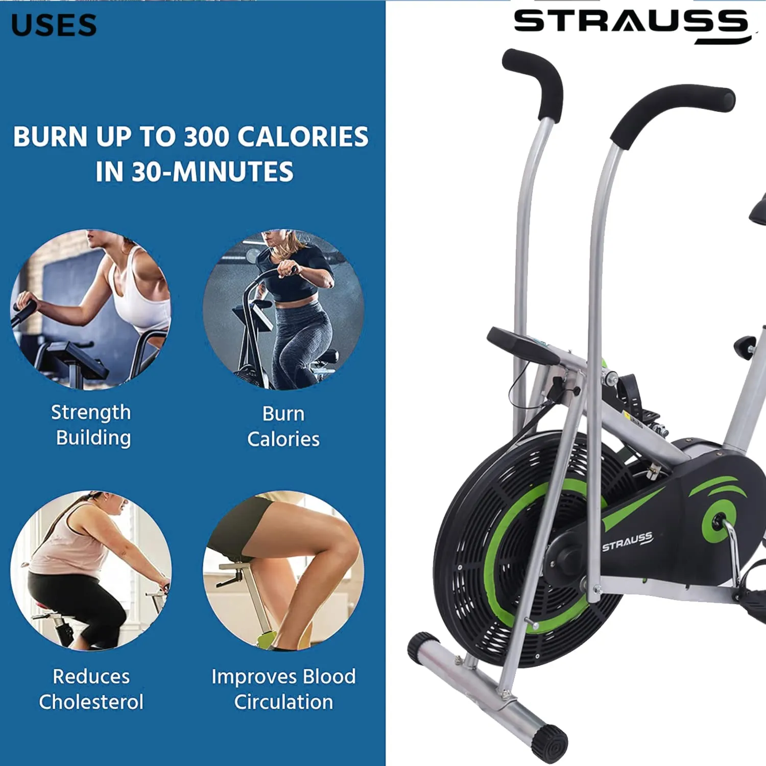 Strauss Air Bike Exercise Cycle with Moving or Stationary Handle | Side Handle for Support | Adjustable Resistance with Cushioned Seat | Fitness Cycle for Home Gym (Back Support, (Green))