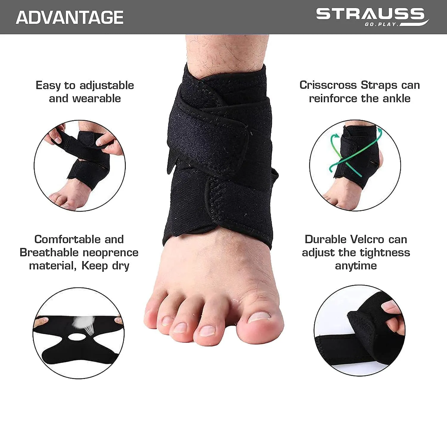 STRAUSS Ankle Support Brace, Single, (Black)