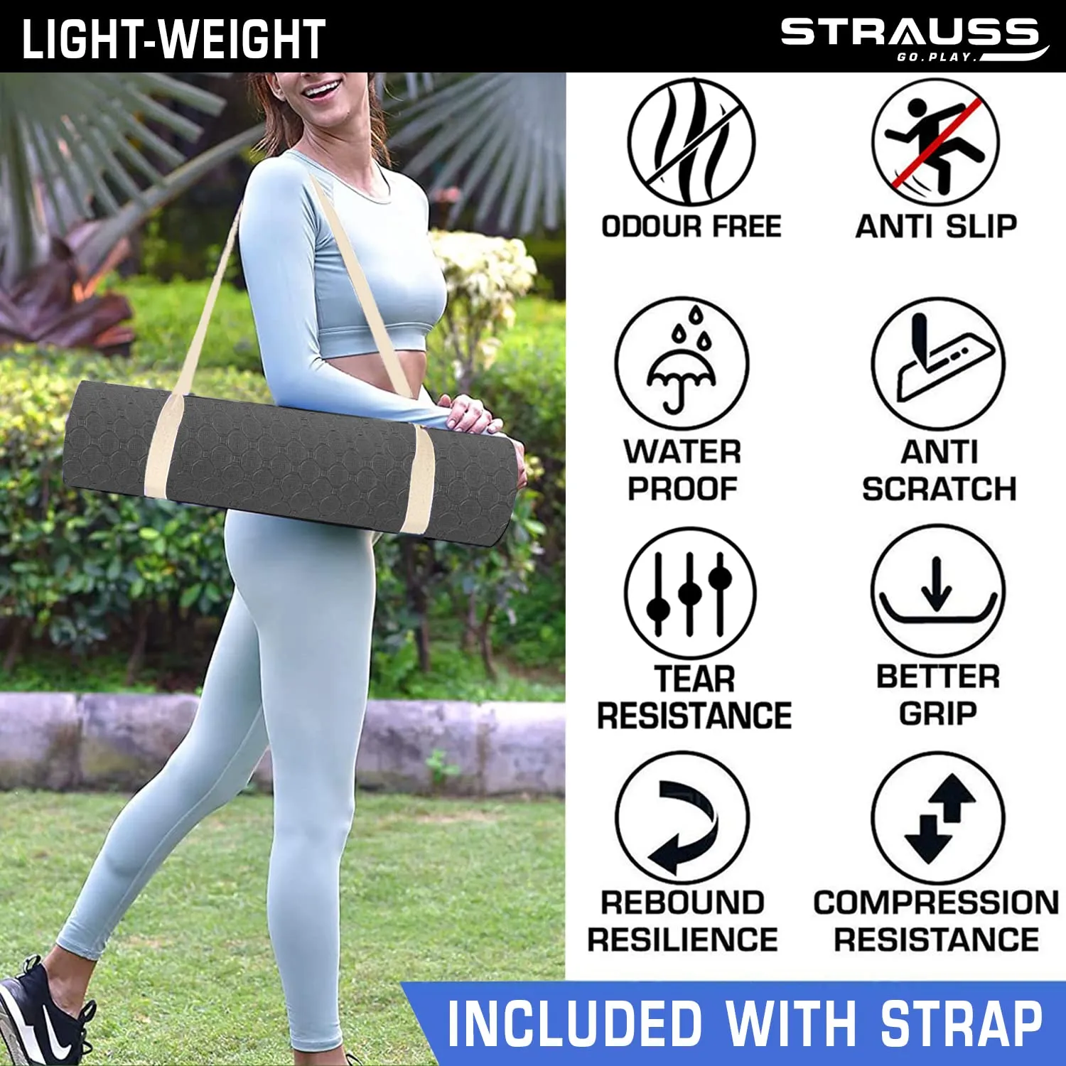 Strauss Anti Skid TPE Yoga Mat with Carry Strap, 6mm, (Black)