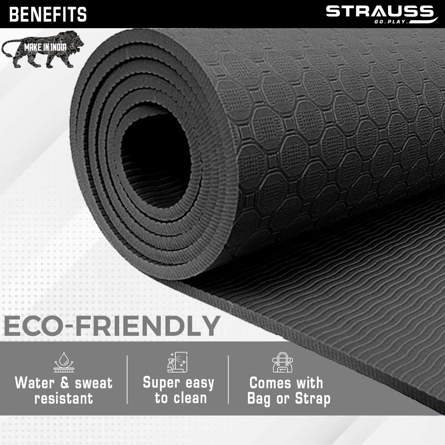 Strauss Anti Skid TPE Yoga Mat with Carry Strap, 6mm, (Black)