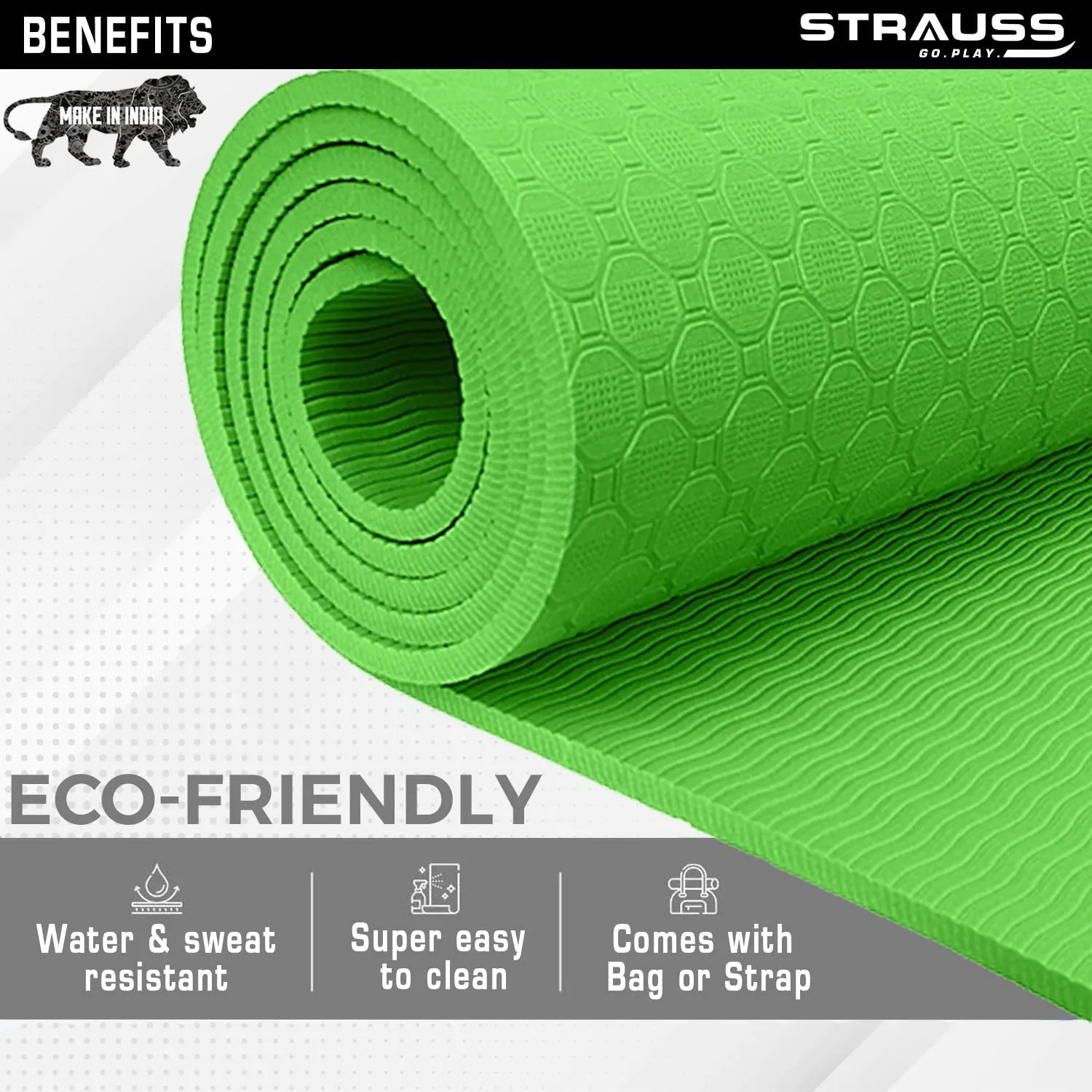 Strauss Anti Skid TPE Yoga Mat with Carry Strap, 6mm, (Green)