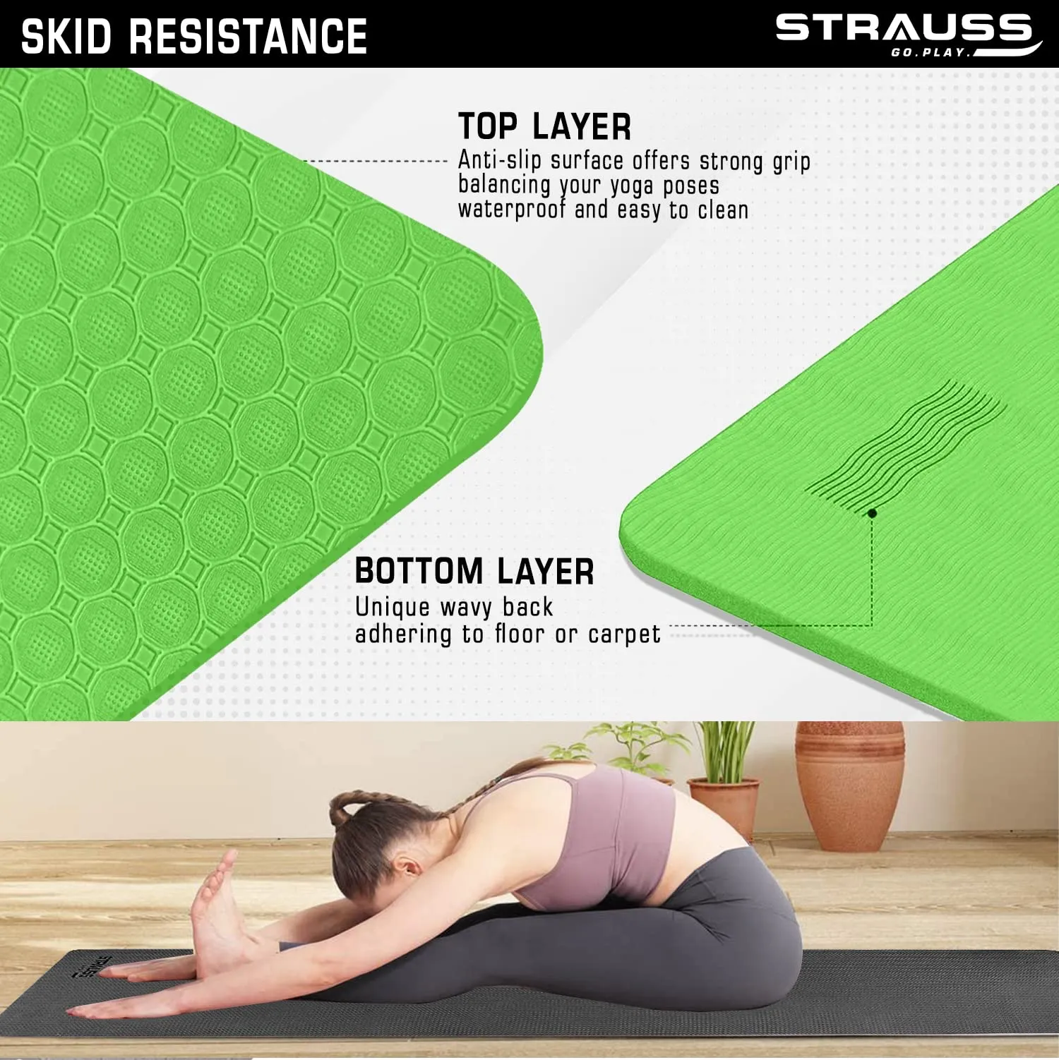 Strauss Anti Skid TPE Yoga Mat with Carry Strap, 6mm, (Green)