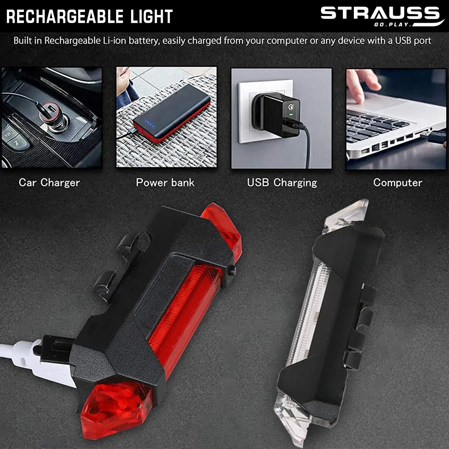 Strauss Bicycle Tail Lights | USB Rechargeable Headlights| Ultra Bright Waterproof Bicycle Tail Lights | Light Set with Led Light | Tail Clip Light Lamp |Taillight Set