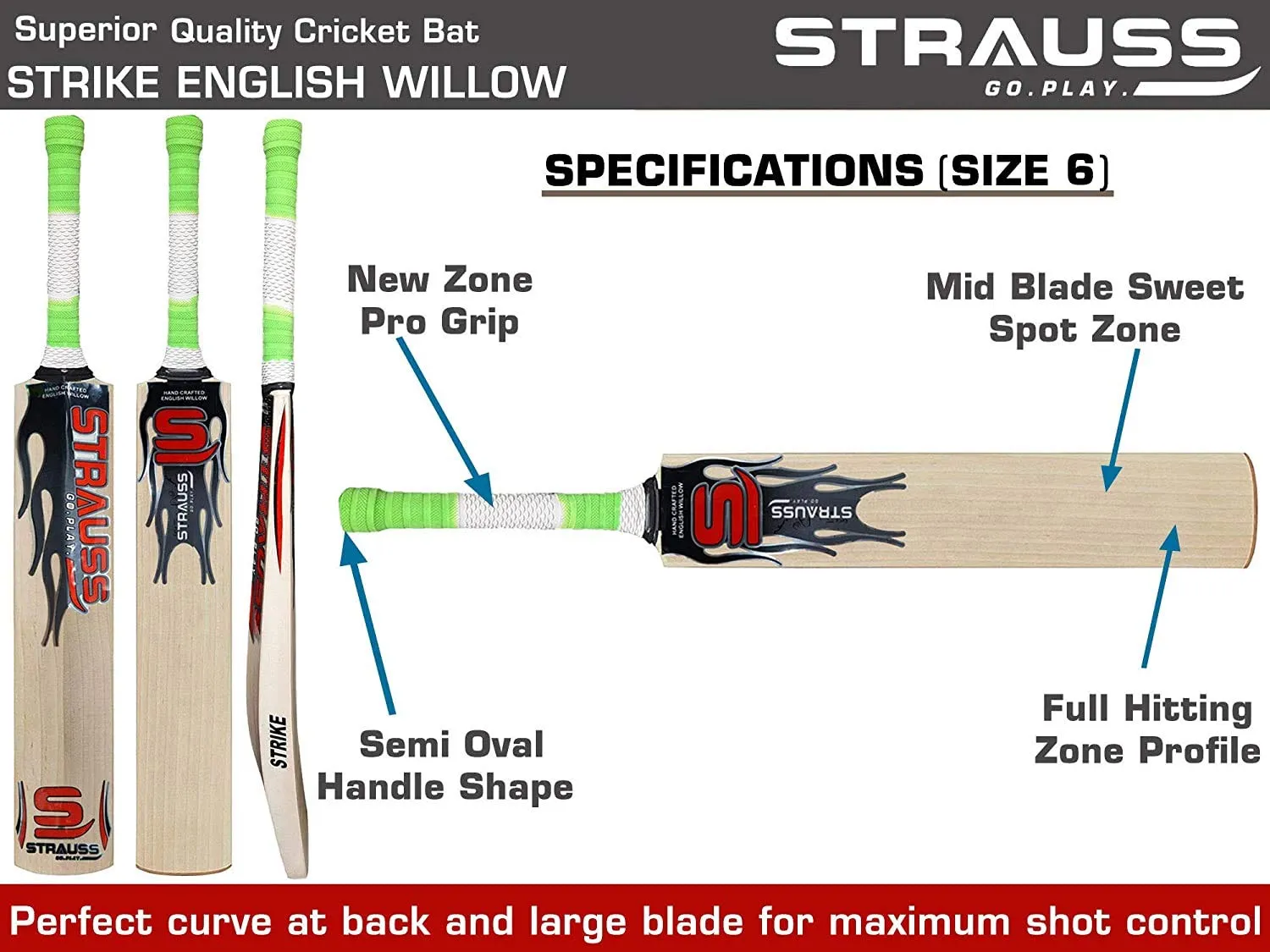 Strauss Cricket Bat | Edition: Advanced | English Willow | Size: Short Handle | Grade: 1 | Premium Leather Ball Cricket Bat