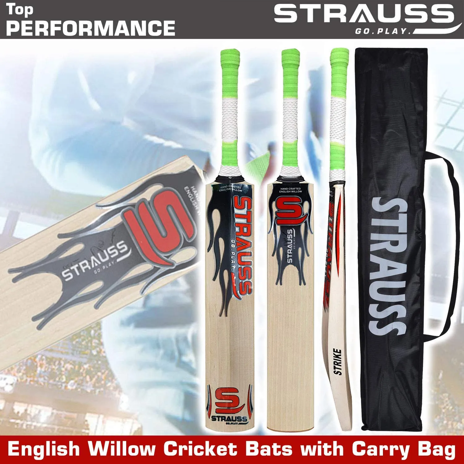 Strauss Cricket Bat | Edition: Advanced | English Willow | Size: Short Handle | Grade: 1 | Premium Leather Ball Cricket Bat