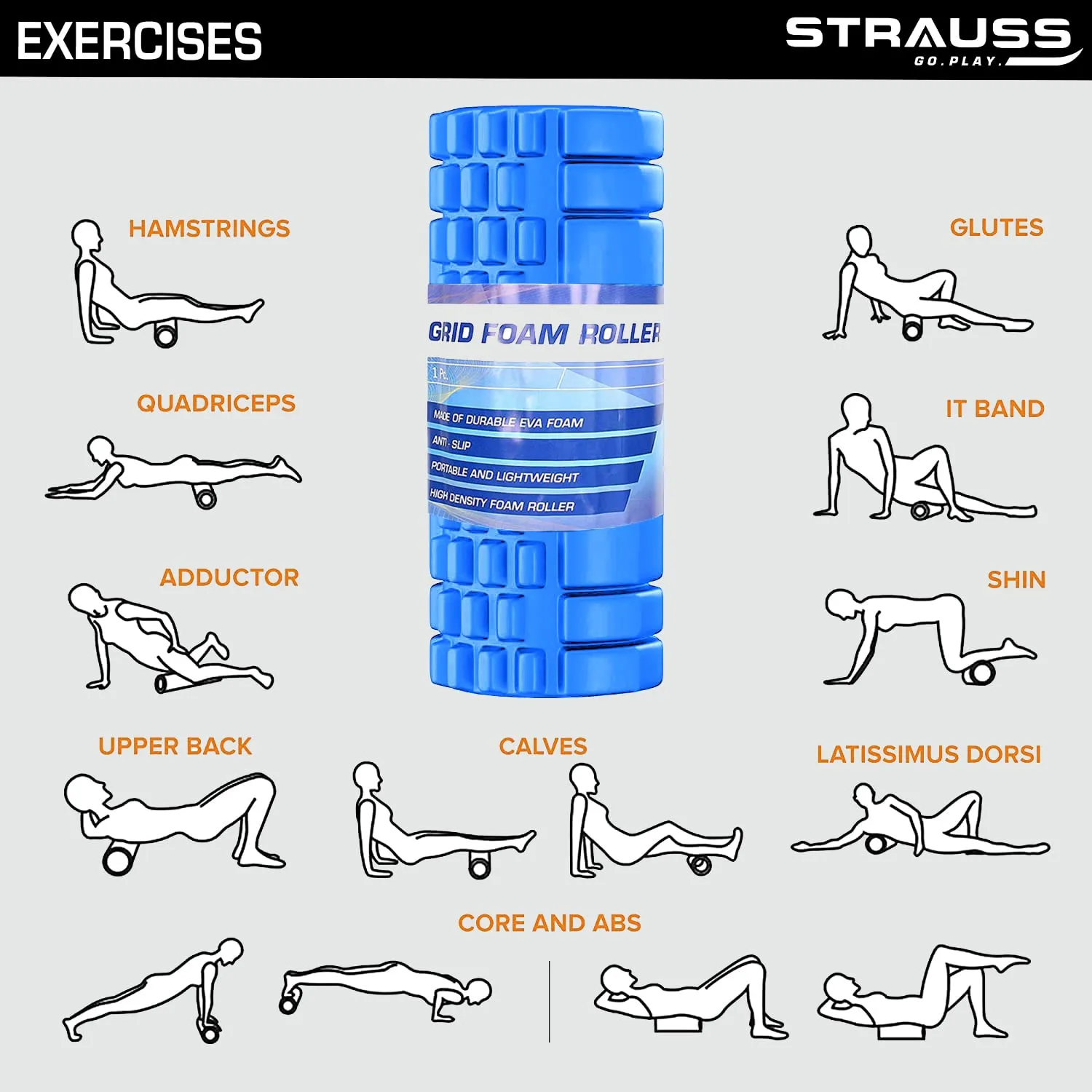 Strauss Deep Tissue Massage Foam Roller|High-Density Muscle Roller for Myofascial Release, Physical Therapy, Yoga, Pilates|Exercise Equipment for Deep Tissue Massage and Muscle Relief|45cm,(Blue)