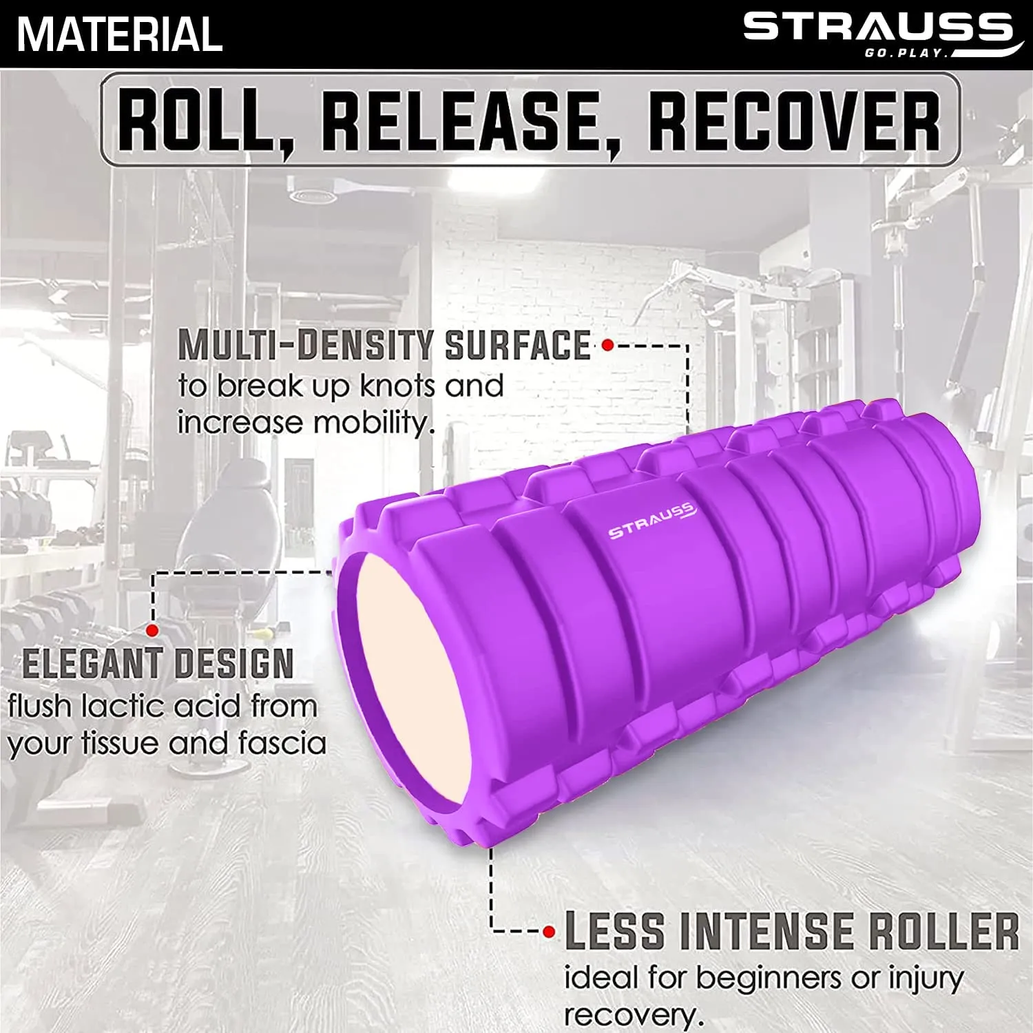 Strauss Deep Tissue Massage Foam Roller|High-Density Muscle Roller for Myofascial Release, Physical Therapy, Yoga, Pilates|Exercise Equipment for Deep Tissue Massage and Muscle Relief|45cm,(Purple)