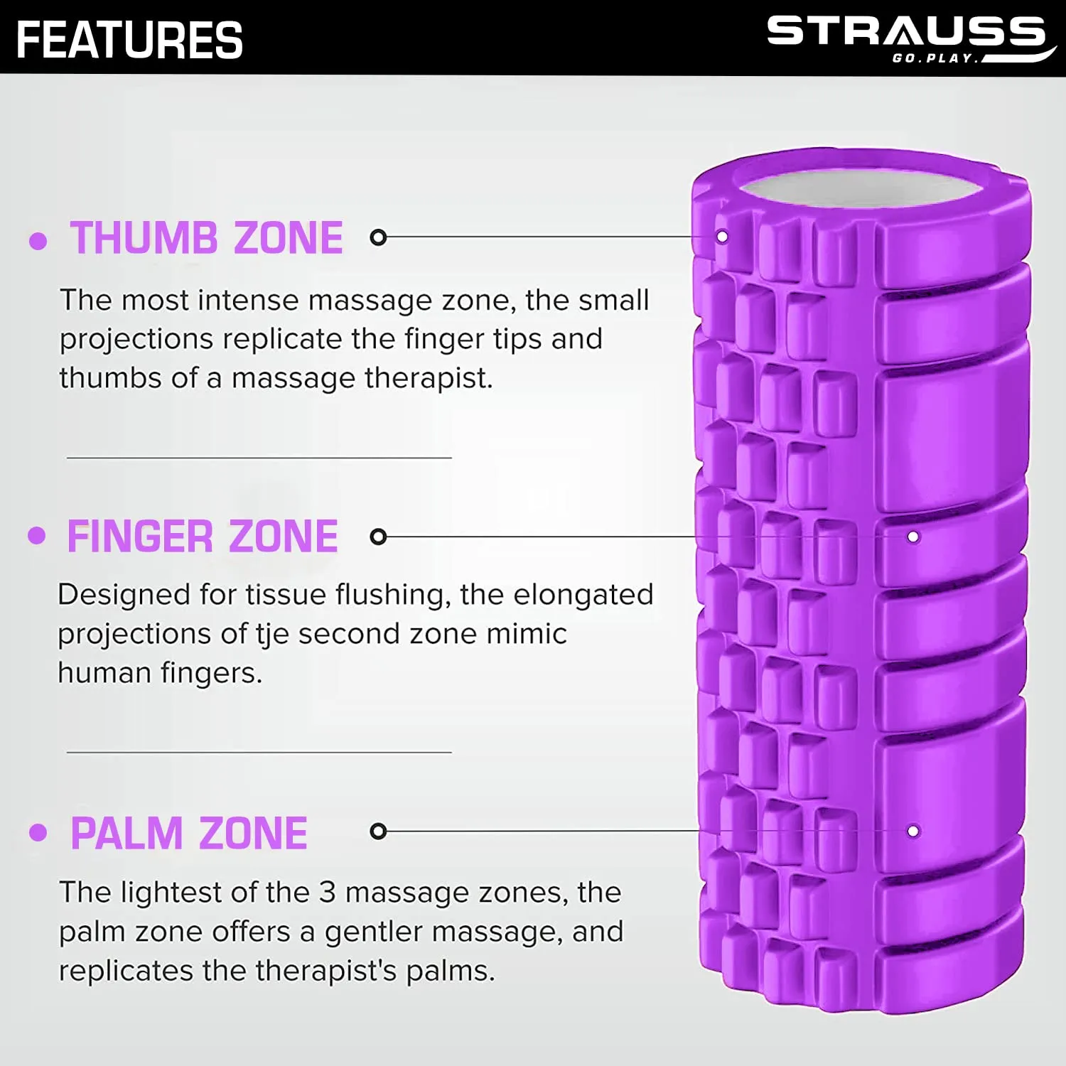 Strauss Deep Tissue Massage Foam Roller|High-Density Muscle Roller for Myofascial Release, Physical Therapy, Yoga, Pilates|Exercise Equipment for Deep Tissue Massage and Muscle Relief|45cm,(Purple)