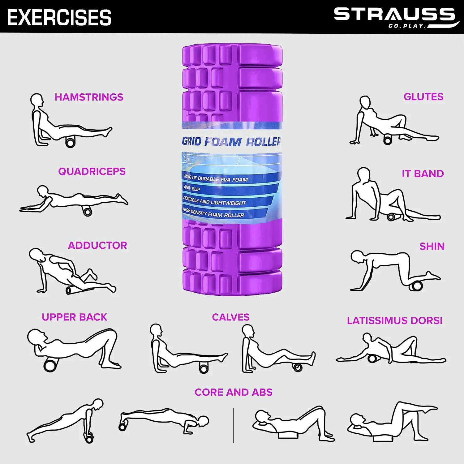 Strauss Deep Tissue Massage Foam Roller|High-Density Muscle Roller for Myofascial Release, Physical Therapy, Yoga, Pilates|Exercise Equipment for Deep Tissue Massage and Muscle Relief|45cm,(Purple)