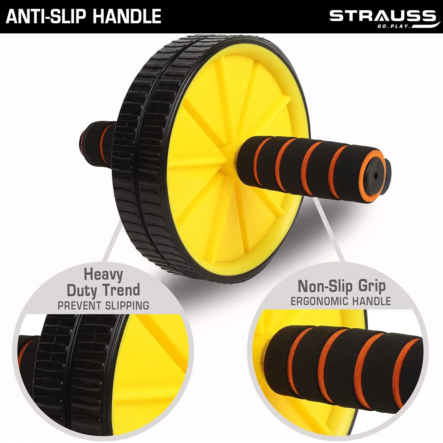 Strauss Double Wheel Ab & Exercise Roller | Anti-Skid Wheel Base, Non-Slip Stainless Steel Handles & Knee Mat | Ideal for Home, Gym workout for Abs, Tummy, (Yellow)