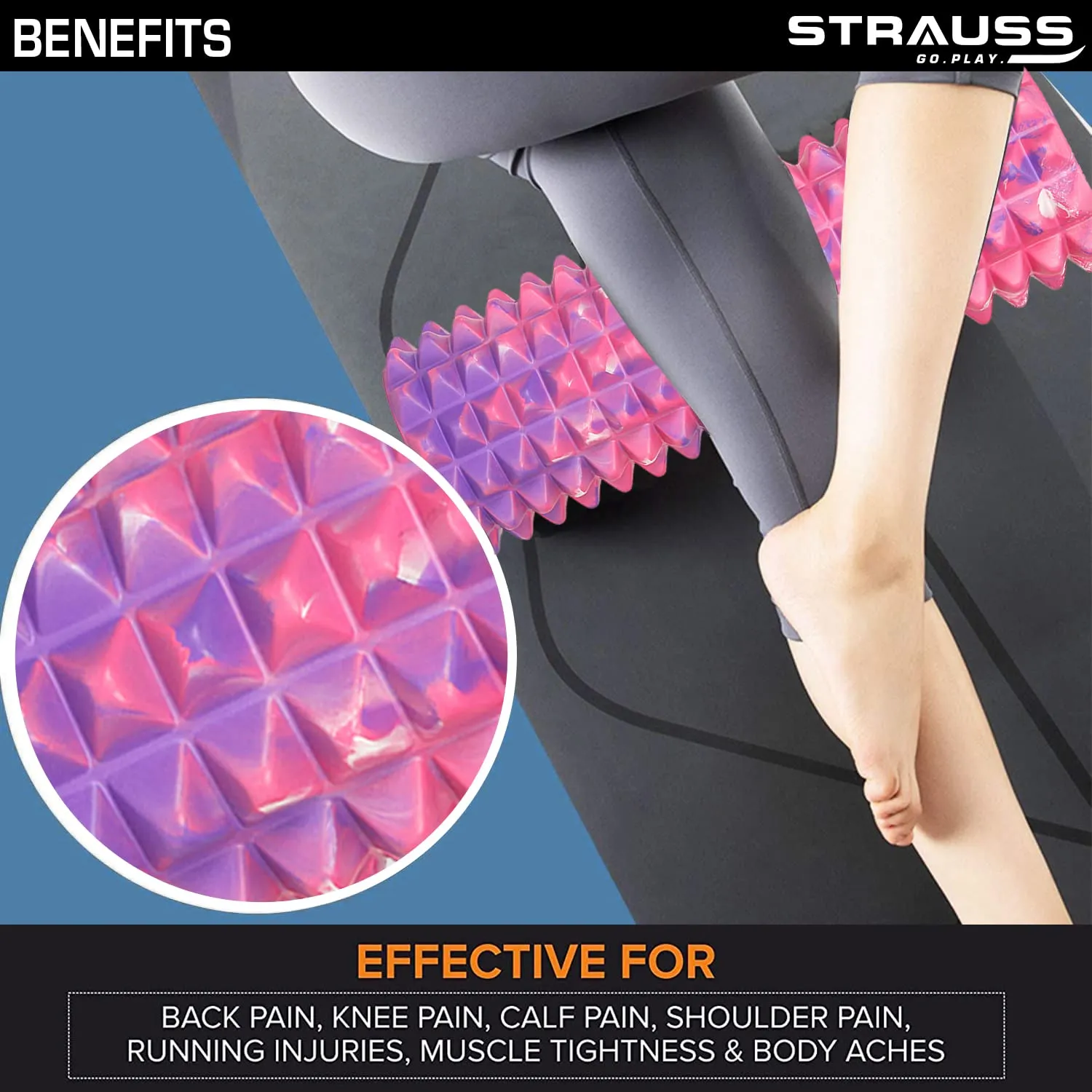 Strauss Grid Foam Roller | Eco-Friendly Spikes Foam Roller | Premium Eva Foam | Light Weight & Travel-Friendly Foam Roller for Relieve Muscle Tightness, Soreness & Inflammation ,33 CM (Multicolor Pink)