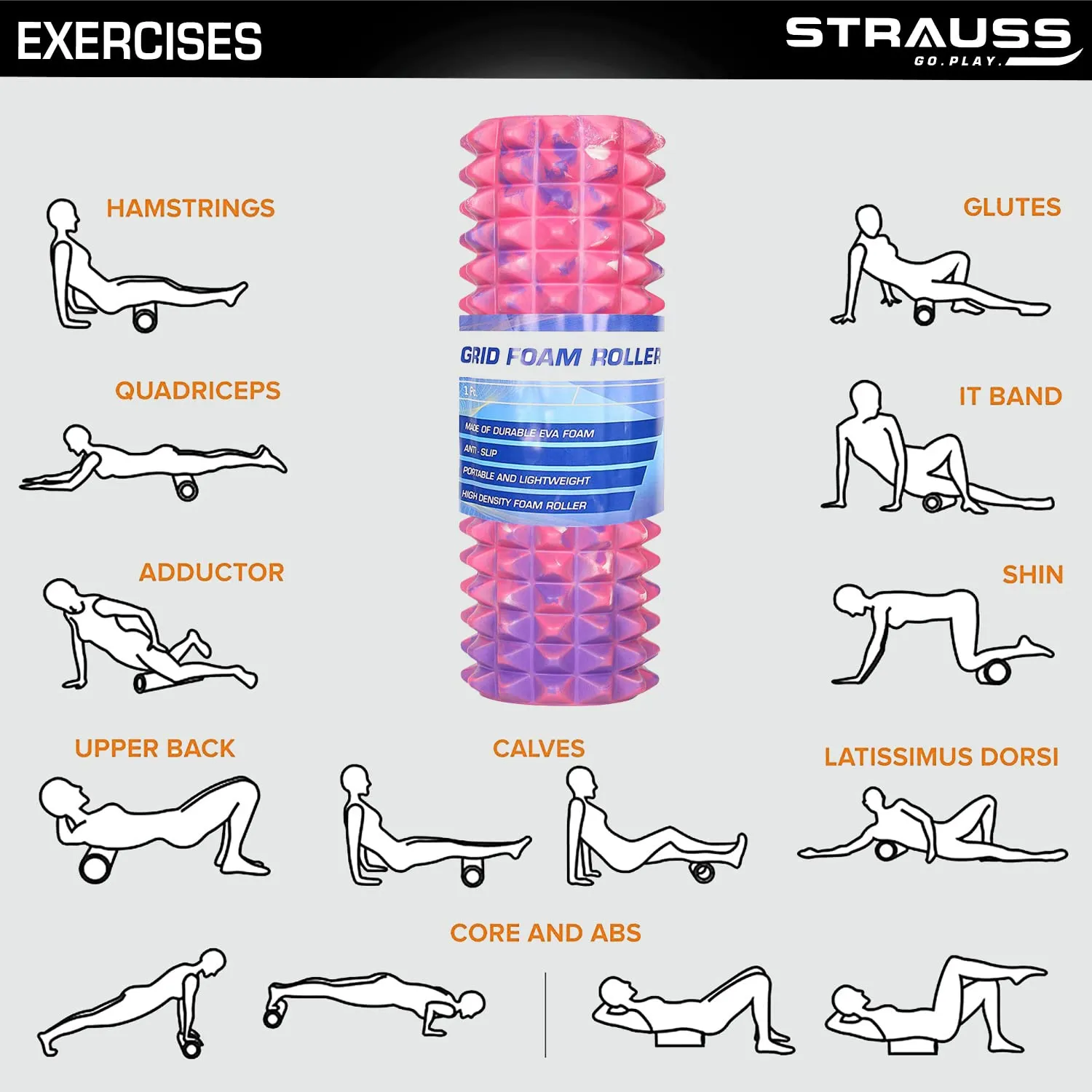 Strauss Grid Foam Roller | Eco-Friendly Spikes Foam Roller | Premium Eva Foam | Light Weight & Travel-Friendly Foam Roller for Relieve Muscle Tightness, Soreness & Inflammation ,33 CM (Multicolor Pink)