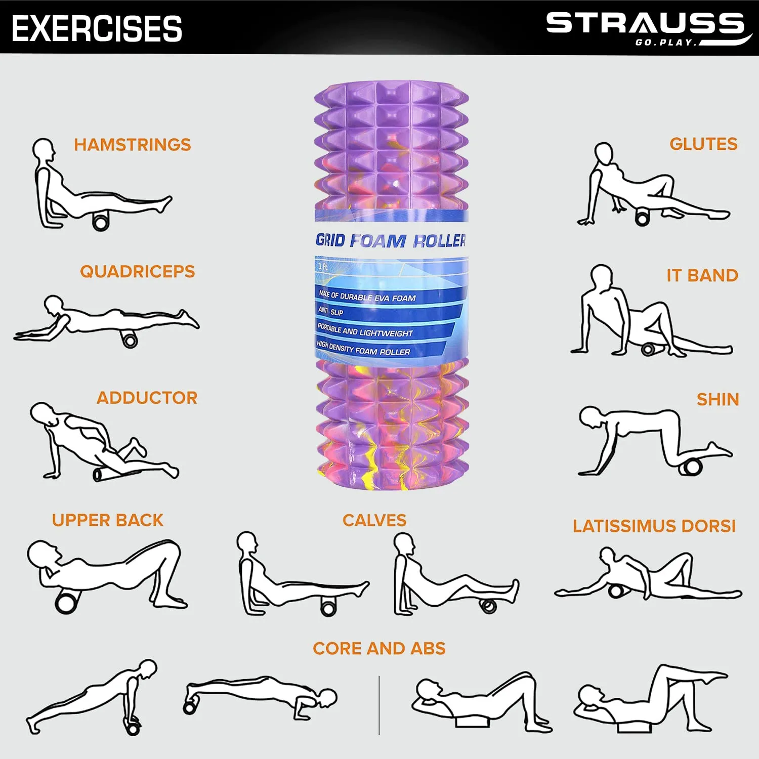 Strauss Grid Foam Roller | Eco-Friendly Spikes Foam Roller | Premium Eva Foam | Light Weight & Travel-Friendly Foam Roller for Relieve Muscle Tightness, Soreness & Inflammation ,45 CM (Multicolor Purple)