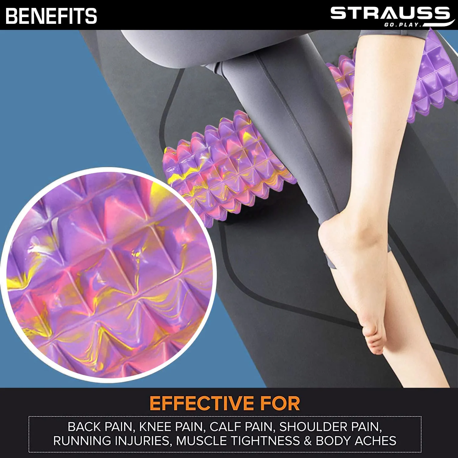 Strauss Grid Foam Roller | Eco-Friendly Spikes Foam Roller | Premium Eva Foam | Light Weight & Travel-Friendly Foam Roller for Relieve Muscle Tightness, Soreness & Inflammation ,45 CM (Multicolor Purple)