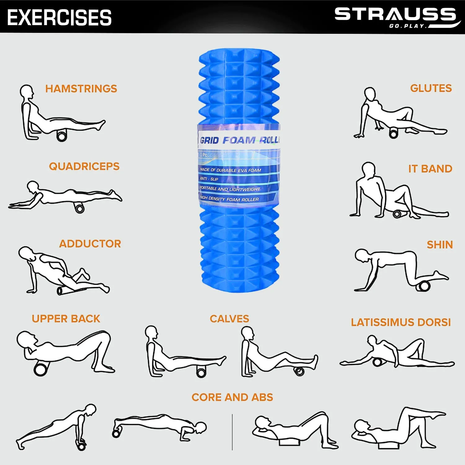 Strauss Grid Foam Roller | Eco-Friendly Spikes Foam Roller | Premium Eva Foam | Light Weight & Travel-Friendly Foam Roller for Relieve Muscle Tightness, Soreness & Inflammation,33 CM (Blue)