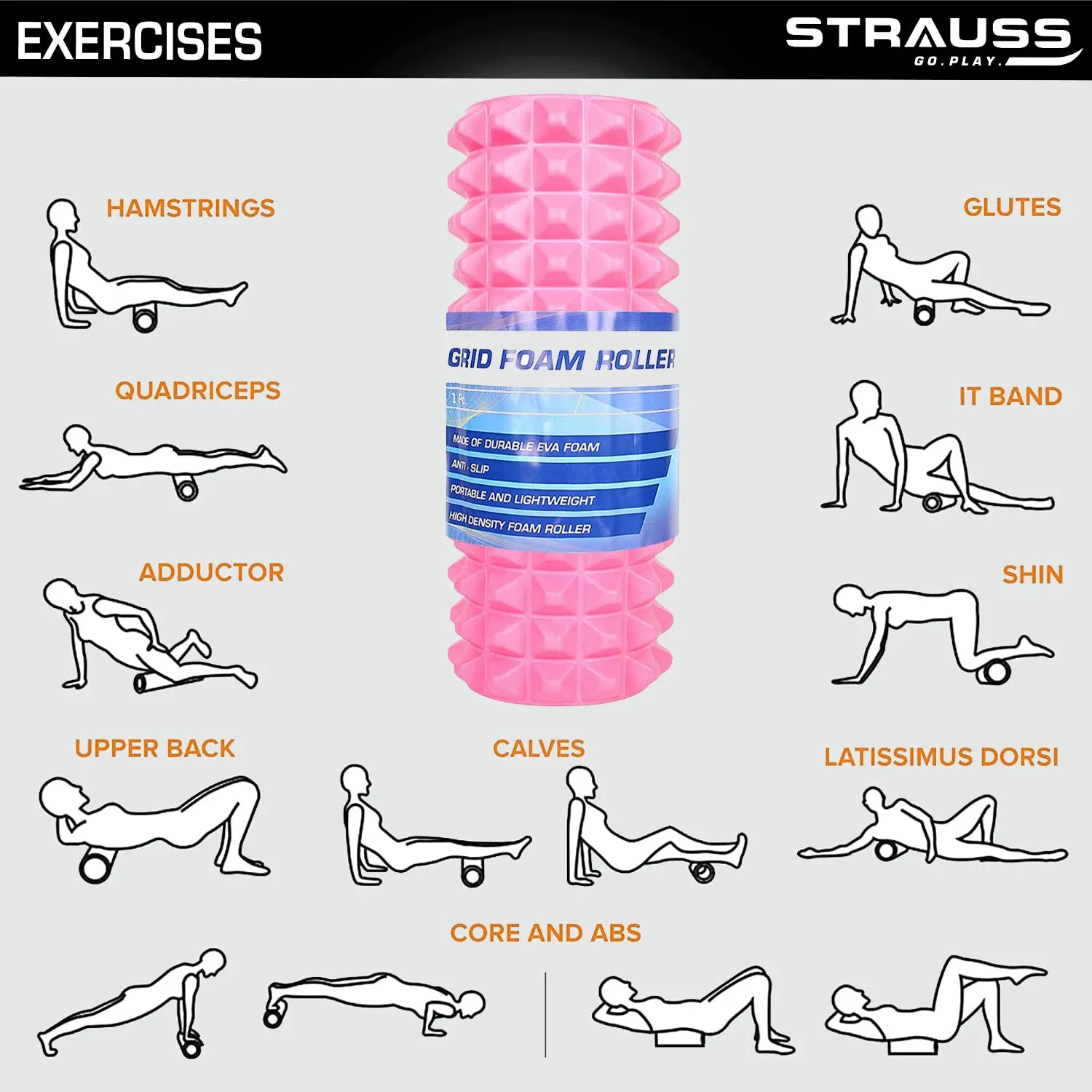 Strauss Grid Foam Roller | Eco-Friendly Spikes Foam Roller | Premium Eva Foam | Light Weight & Travel-Friendly Foam Roller for Relieve Muscle Tightness, Soreness & Inflammation,33 CM (Pink)