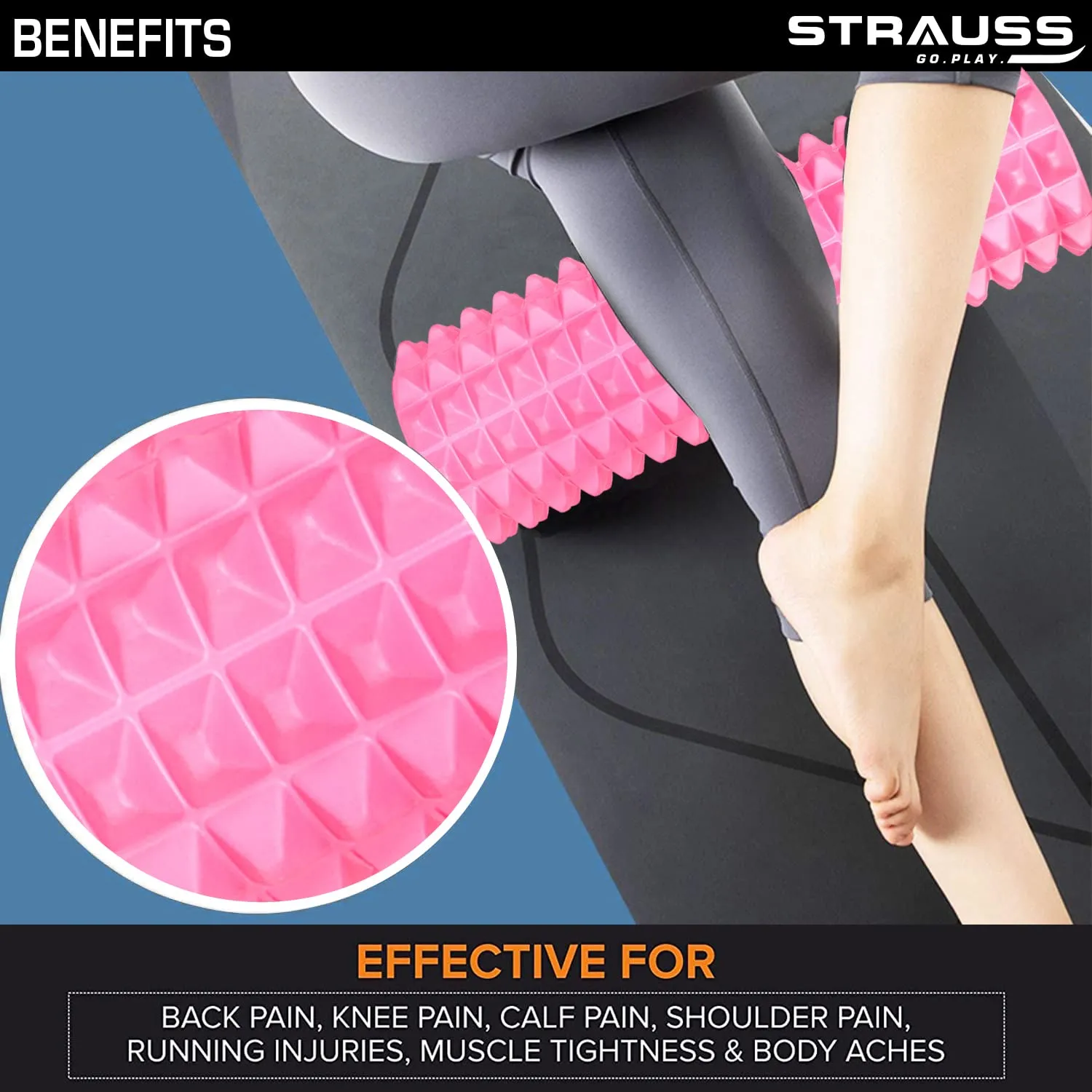 Strauss Grid Foam Roller | Eco-Friendly Spikes Foam Roller | Premium Eva Foam | Light Weight & Travel-Friendly Foam Roller for Relieve Muscle Tightness, Soreness & Inflammation,33 CM (Pink)