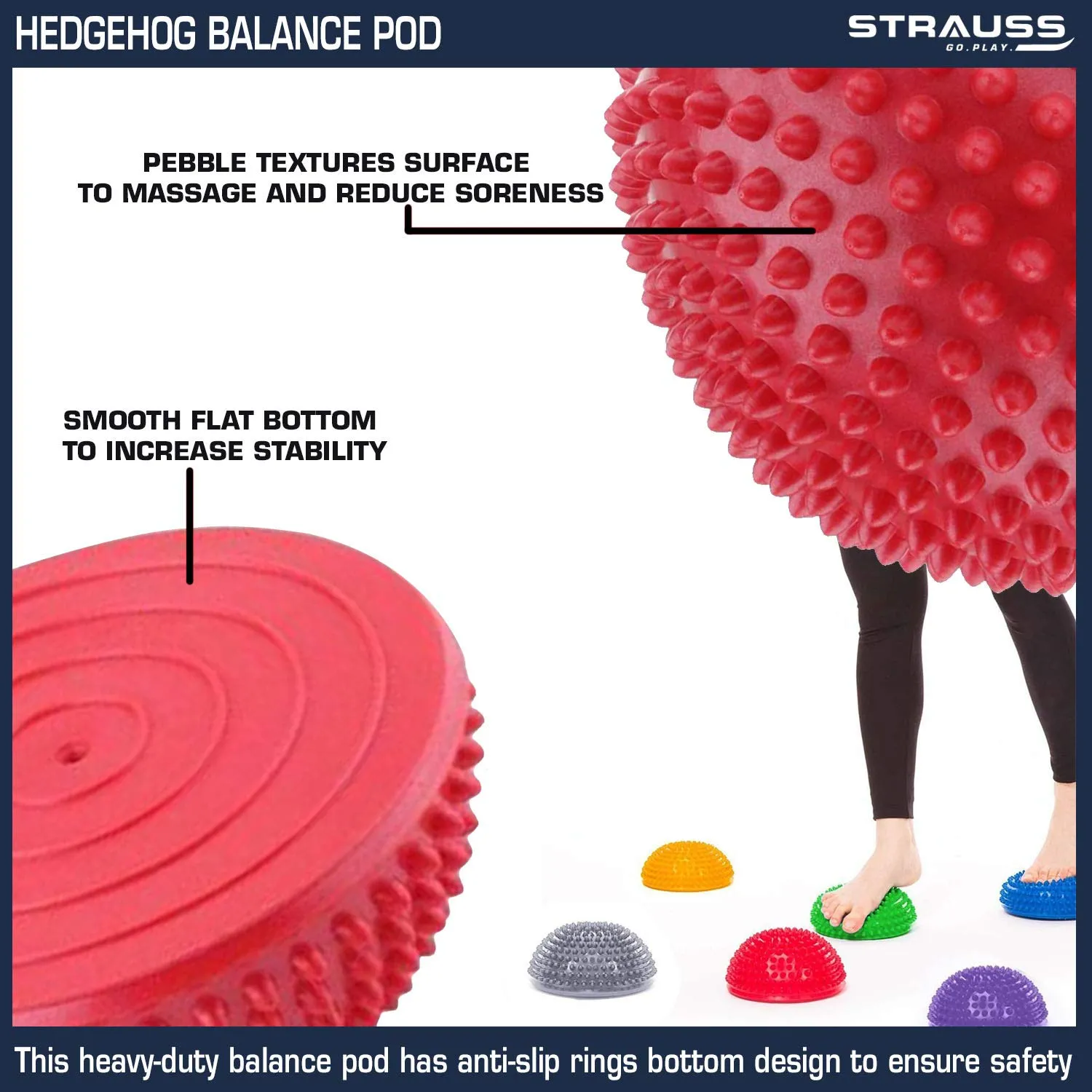 Strauss Hedgehog Balance Pod | Half Spiky Fitness Domes for Kids & Adults | Ideal for Foot Massage, Stability Training, Muscle Balancing Therapy, Yoga Gymnastics Exercise, Occupational Therapy | Stability Balance Trainer Dot,(Red)