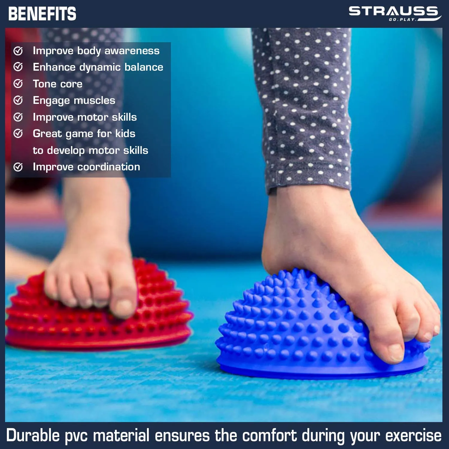 Strauss Hedgehog Balance Pod | Half Spiky Fitness Domes for Kids & Adults | Ideal for Foot Massage, Stability Training, Muscle Balancing Therapy, Yoga Gymnastics Exercise, Occupational Therapy | Stability Balance Trainer Dot,(Red)