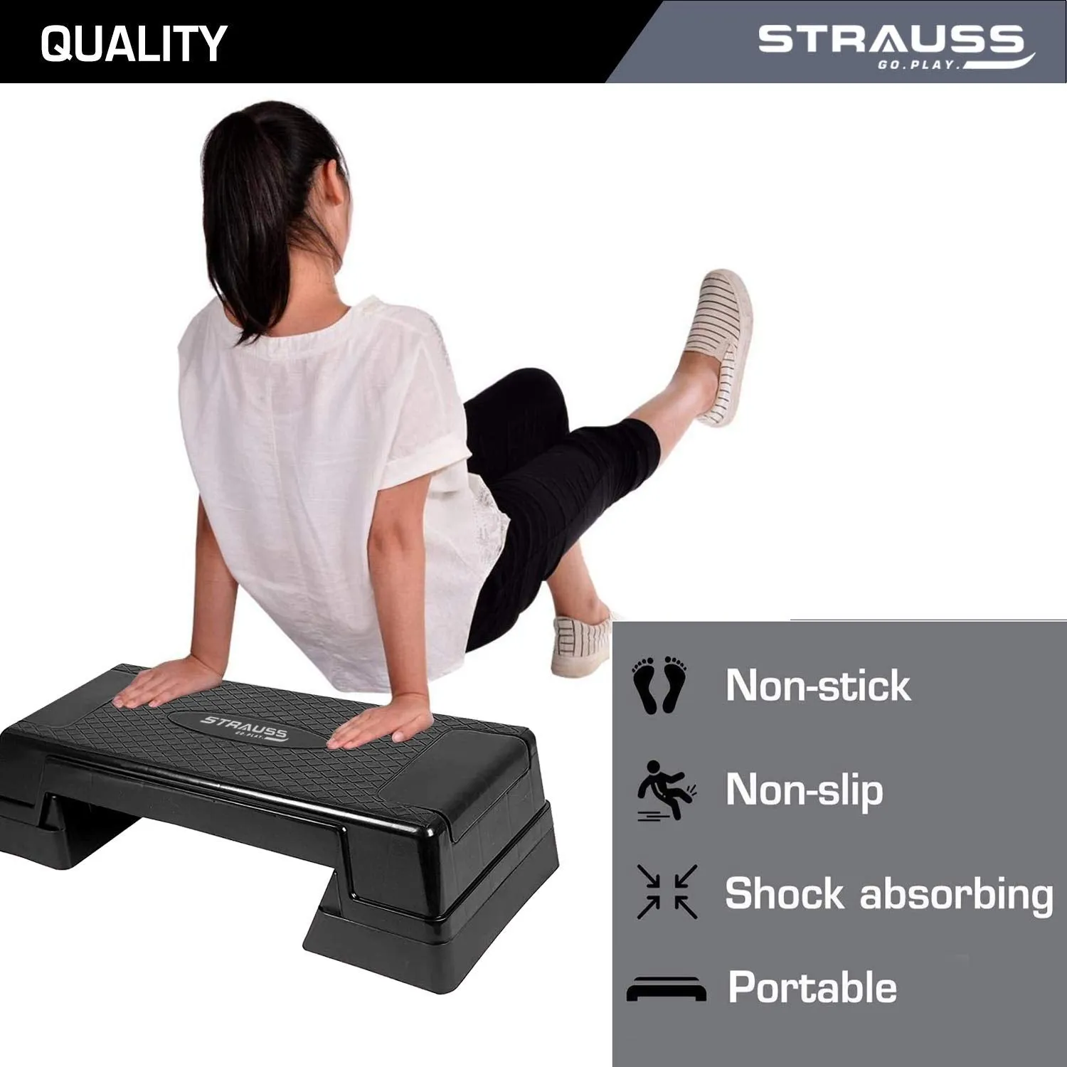 Strauss High Rise Aerobic Stepper | Two Height Level Adjustments - 6 inches and 8 inches | Slip-Resistant & Shock Absorbing Platform for Extra-Durability - Supports Upto 200 KG, (Black)