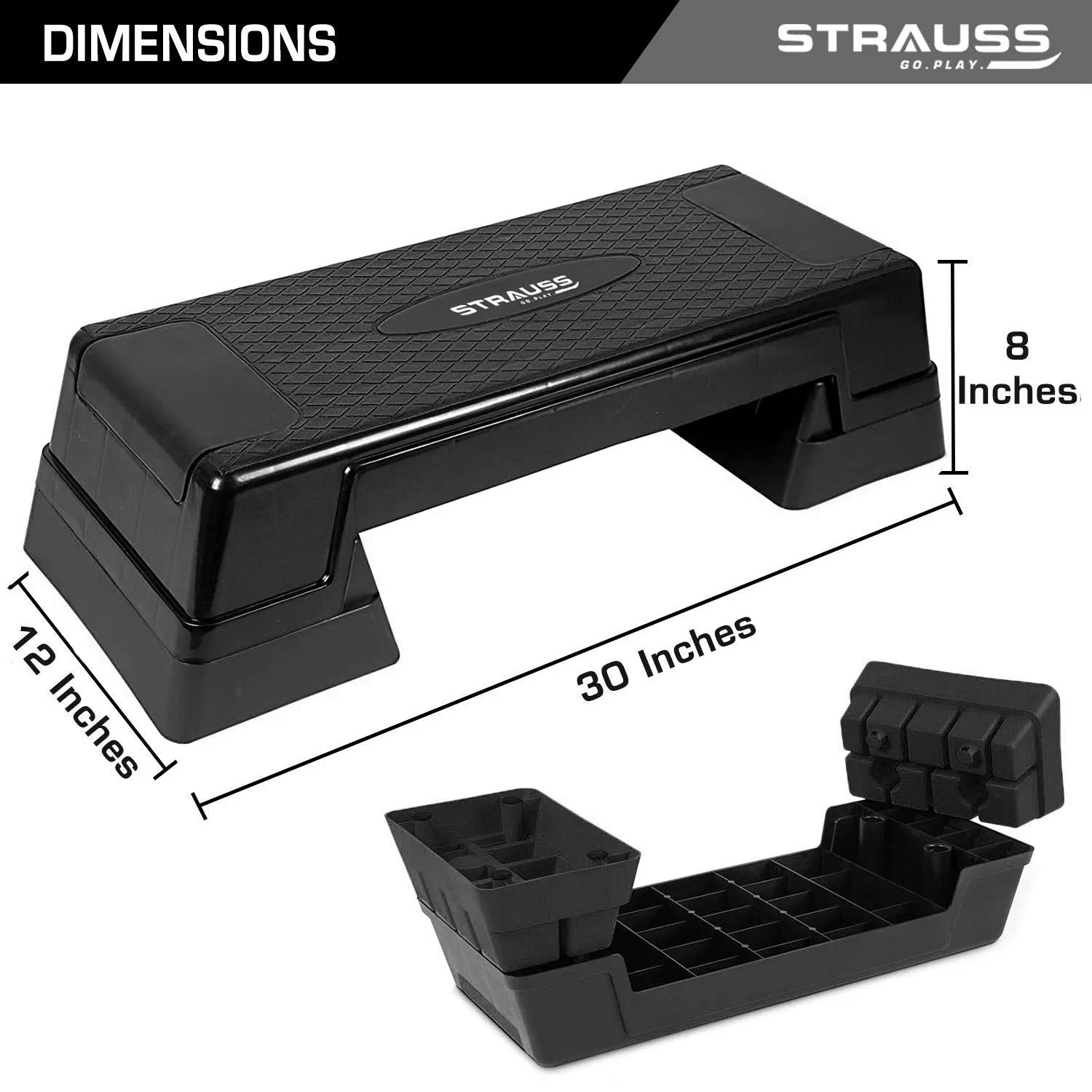 Strauss High Rise Aerobic Stepper | Two Height Level Adjustments - 6 inches and 8 inches | Slip-Resistant & Shock Absorbing Platform for Extra-Durability - Supports Upto 200 KG, (Black)