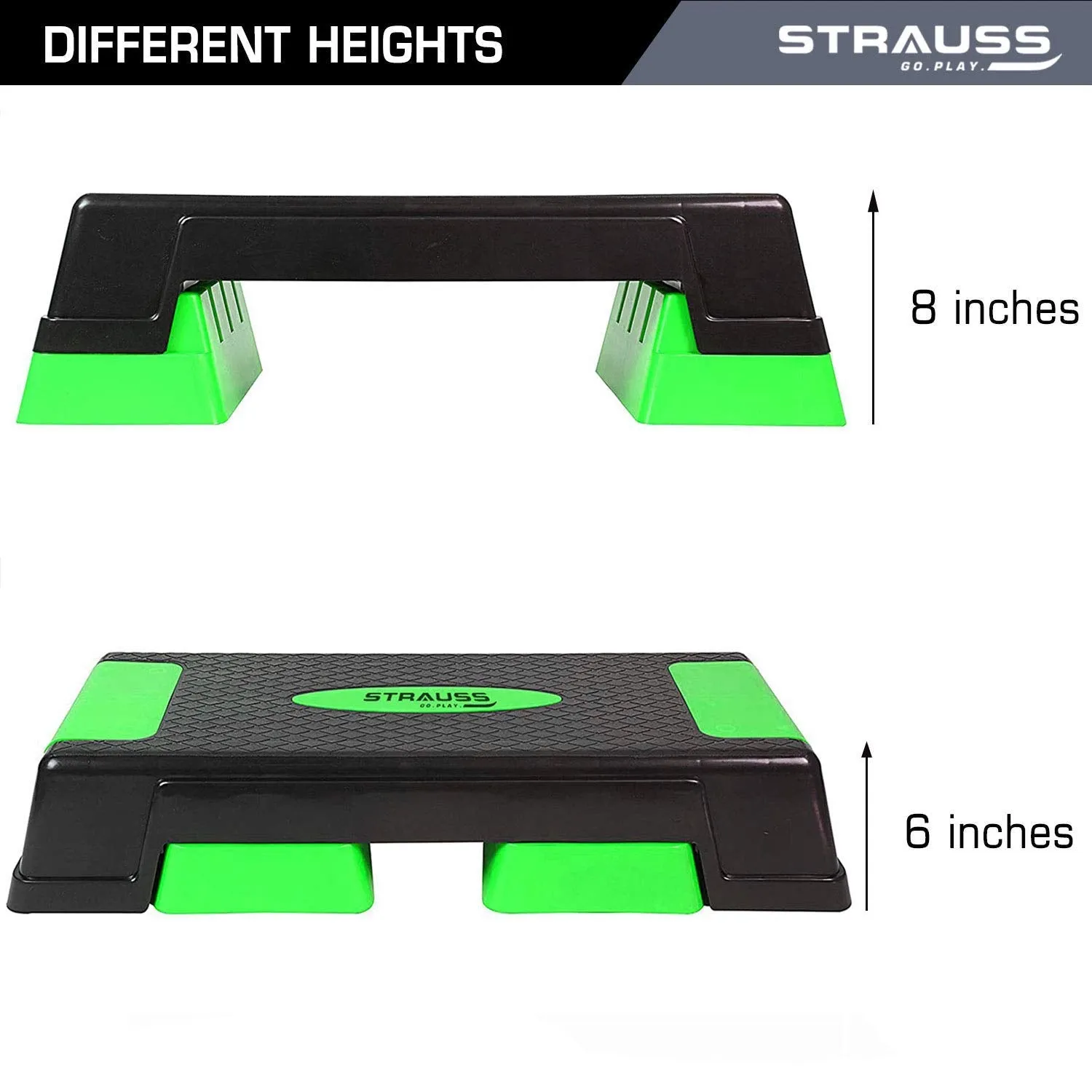 Strauss High Rise Aerobic Stepper | Two Height Level Adjustments - 6 inches and 8 inches | Slip-Resistant & Shock Absorbing Platform for Extra-Durability - Supports Upto 200 KG, (Green)