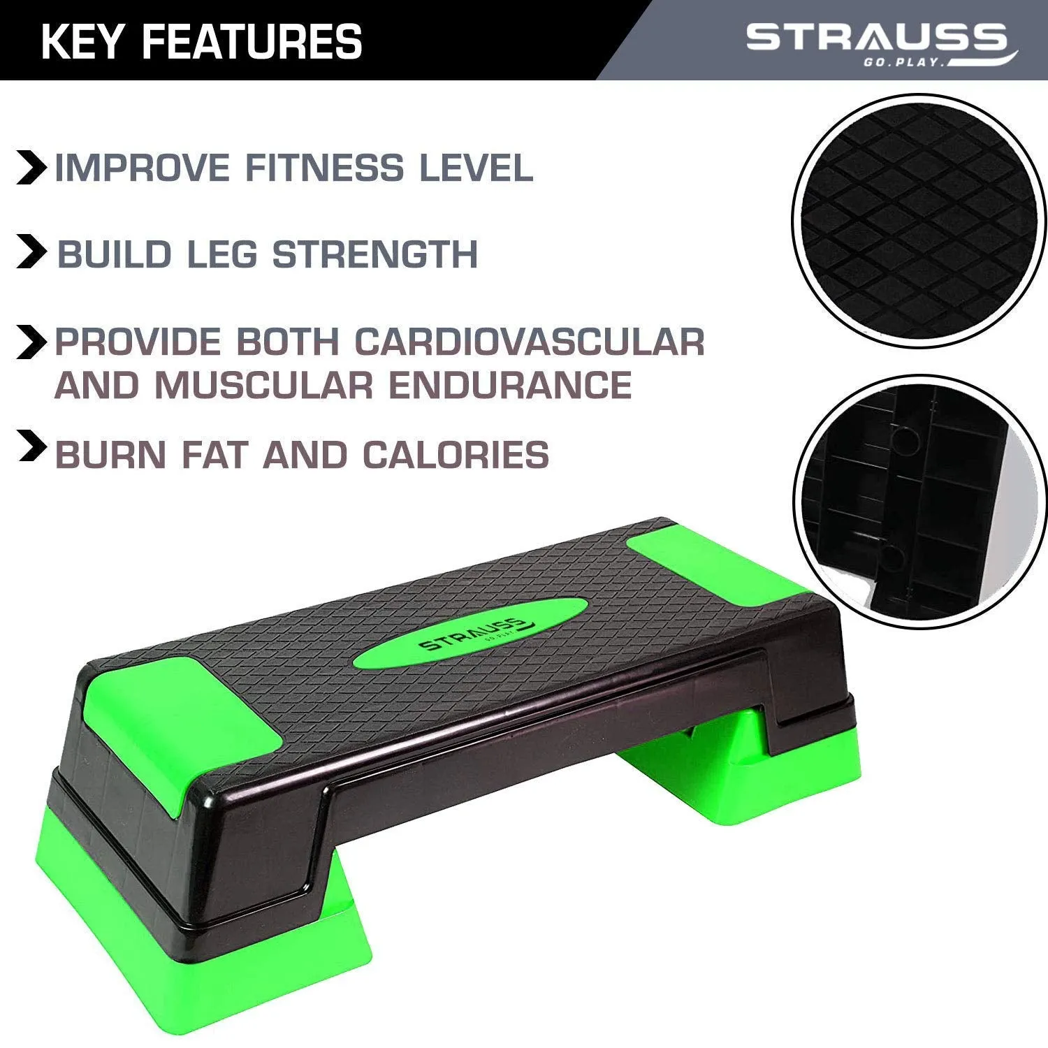 Strauss High Rise Aerobic Stepper | Two Height Level Adjustments - 6 inches and 8 inches | Slip-Resistant & Shock Absorbing Platform for Extra-Durability - Supports Upto 200 KG, (Green)