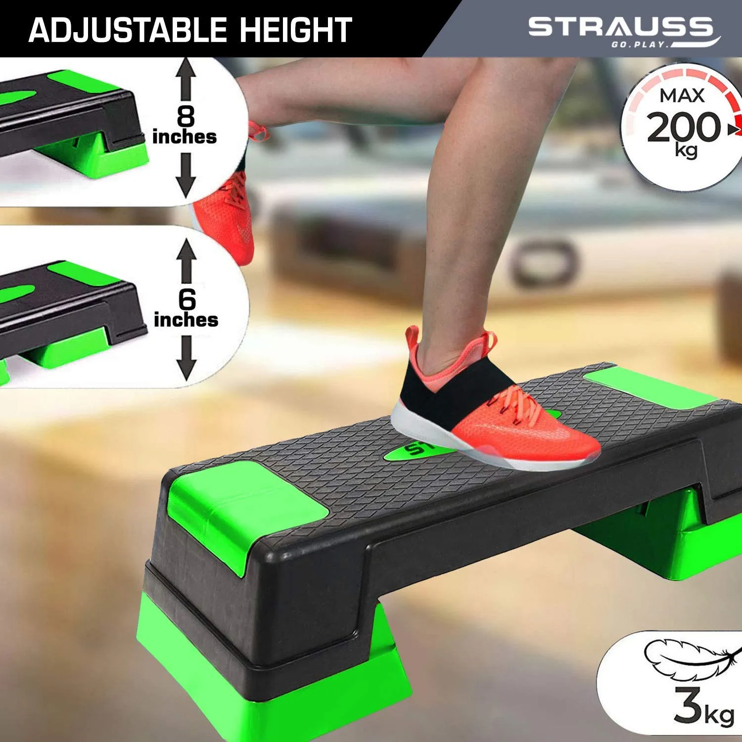 Strauss High Rise Aerobic Stepper | Two Height Level Adjustments - 6 inches and 8 inches | Slip-Resistant & Shock Absorbing Platform for Extra-Durability - Supports Upto 200 KG, (Green)