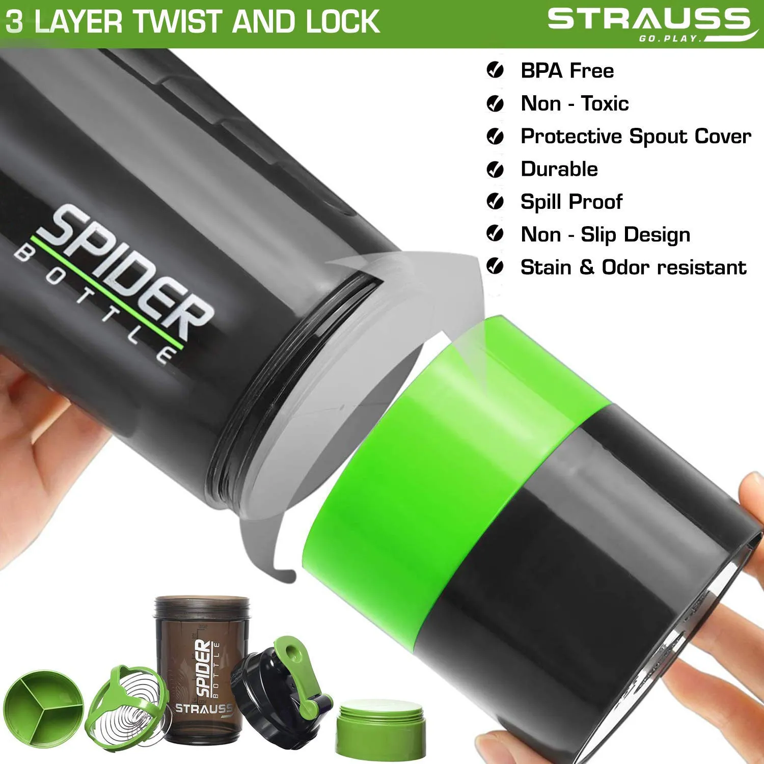 Strauss Spider Shaker Bottle 500ml, (Green) and Adjustable Hand Grip Strengthener, (Black/Orange)