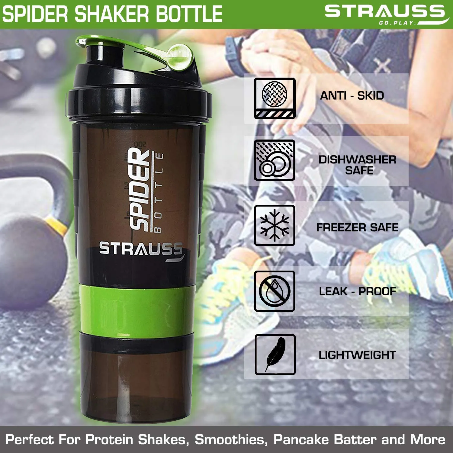 Strauss Spider Shaker Bottle 500ml, (Green) and Adjustable Hand Grip Strengthener, (Black/Orange)