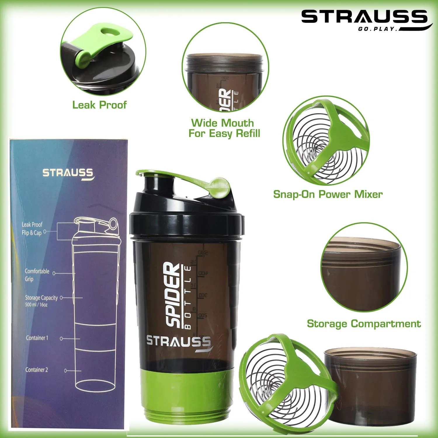 Strauss Spider Shaker Bottle 500ml, (Green) and Adjustable Hand Grip Strengthener, (Black/Orange)