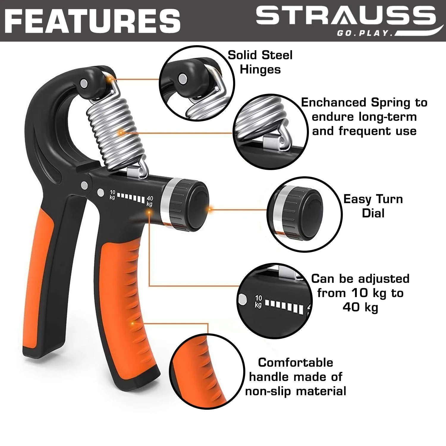 Strauss Spider Shaker Bottle 500ml, (Green) and Adjustable Hand Grip Strengthener, (Black/Orange)