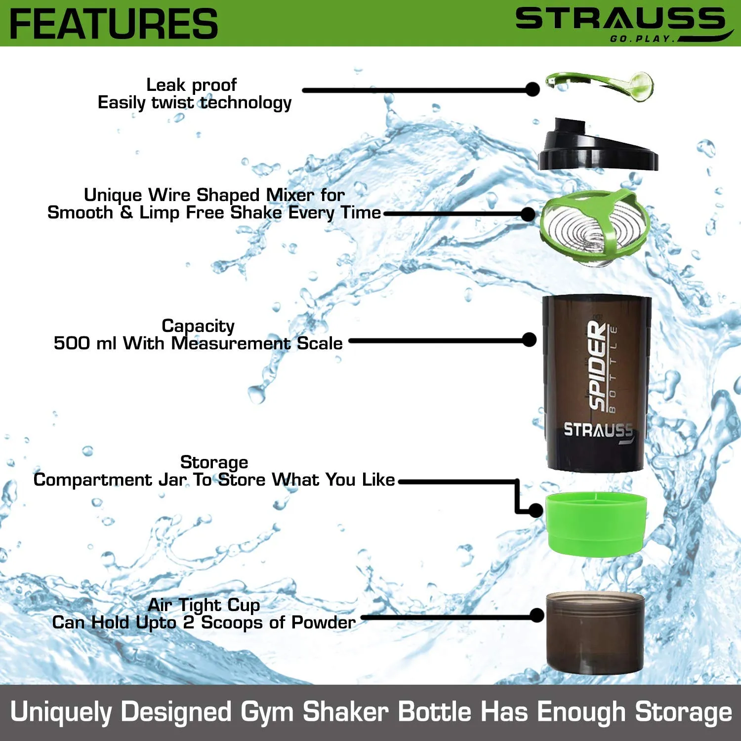 Strauss Spider Shaker Bottle 500ml, (Green) and Adjustable Hand Grip Strengthener, (Black/Orange)