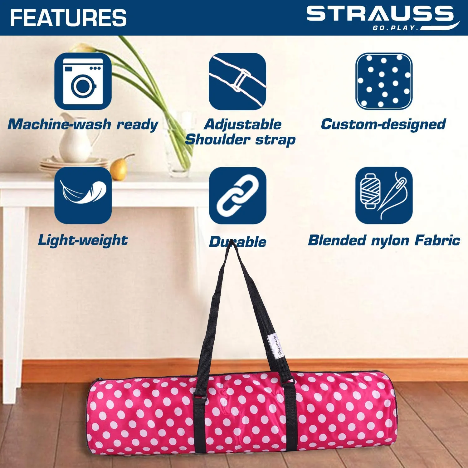 Strauss TPE Eco Friendly Dual Layer Yoga Mat, 6 mm (Pink) and Yoga Mat Bag,Polka Dots Pink (Full Zip)