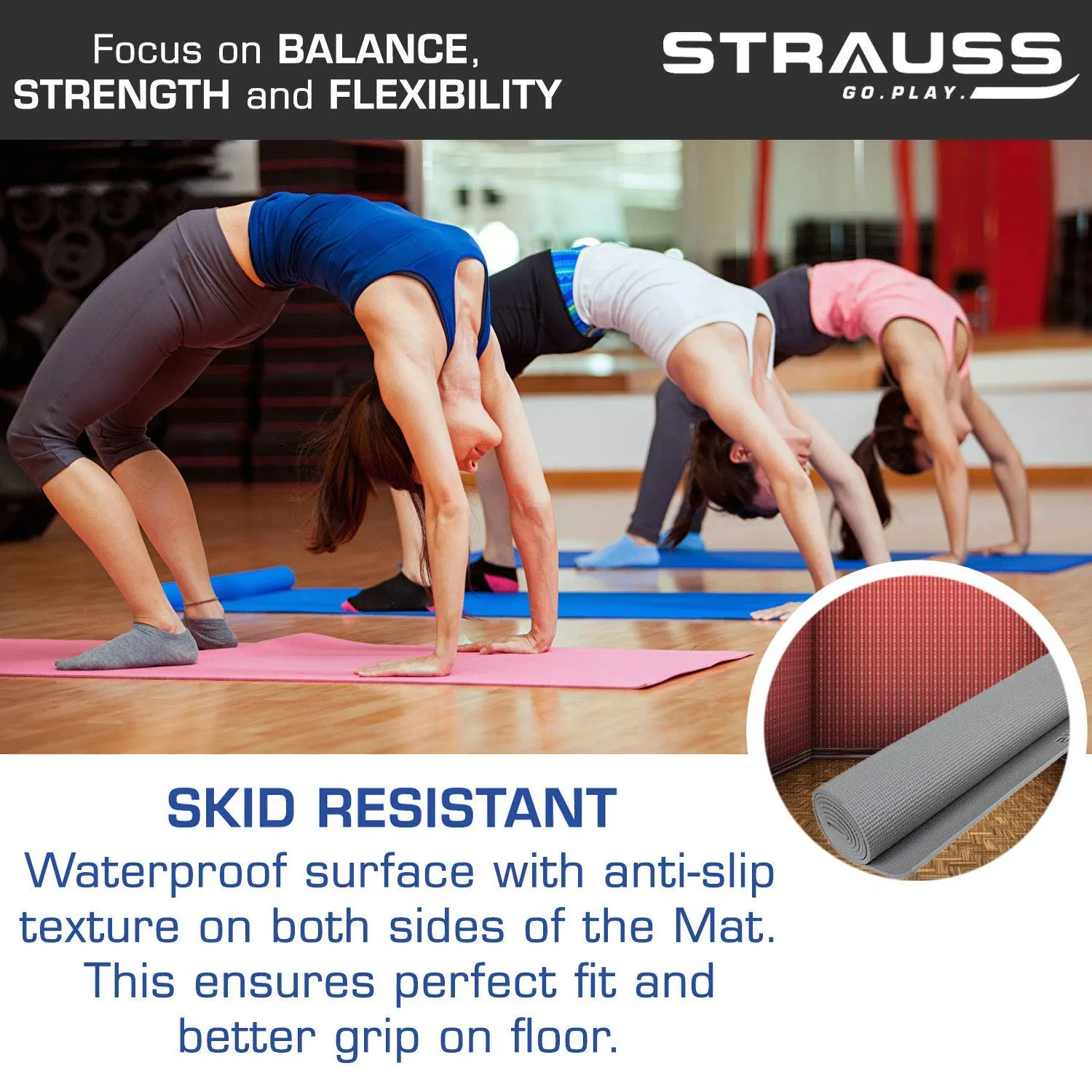 Strauss Yoga Mat, 6mm (Grey) and Yoga Knee Pad Cushions, (Pink)