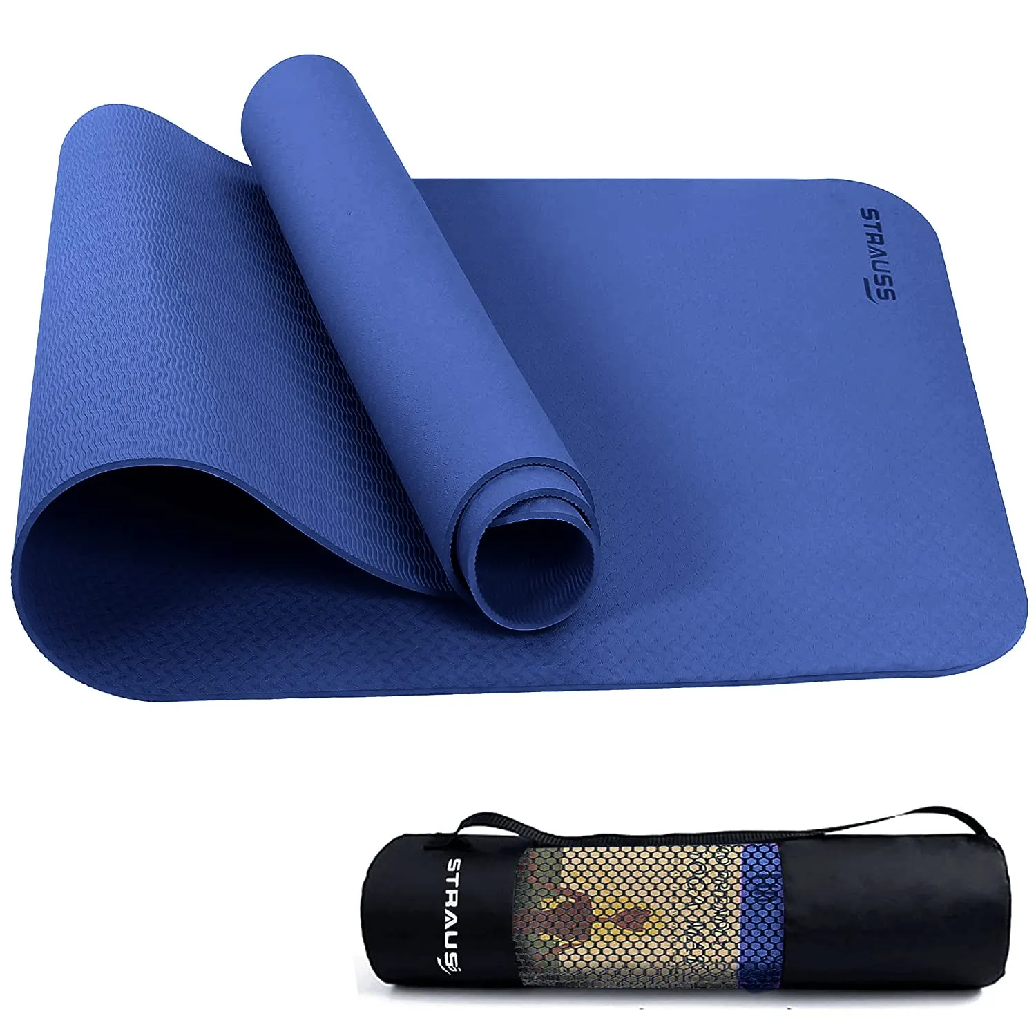 Strauss Yoga Mats for Women | Eco-Friendly mat for Men | Exercise mat for Home Workout, Pilates, Gym mat Anti Slip Fitness mat | Yoga Mat for Kids, Cushioned Yoga mat with Carry Bag, 6mm (Blue)