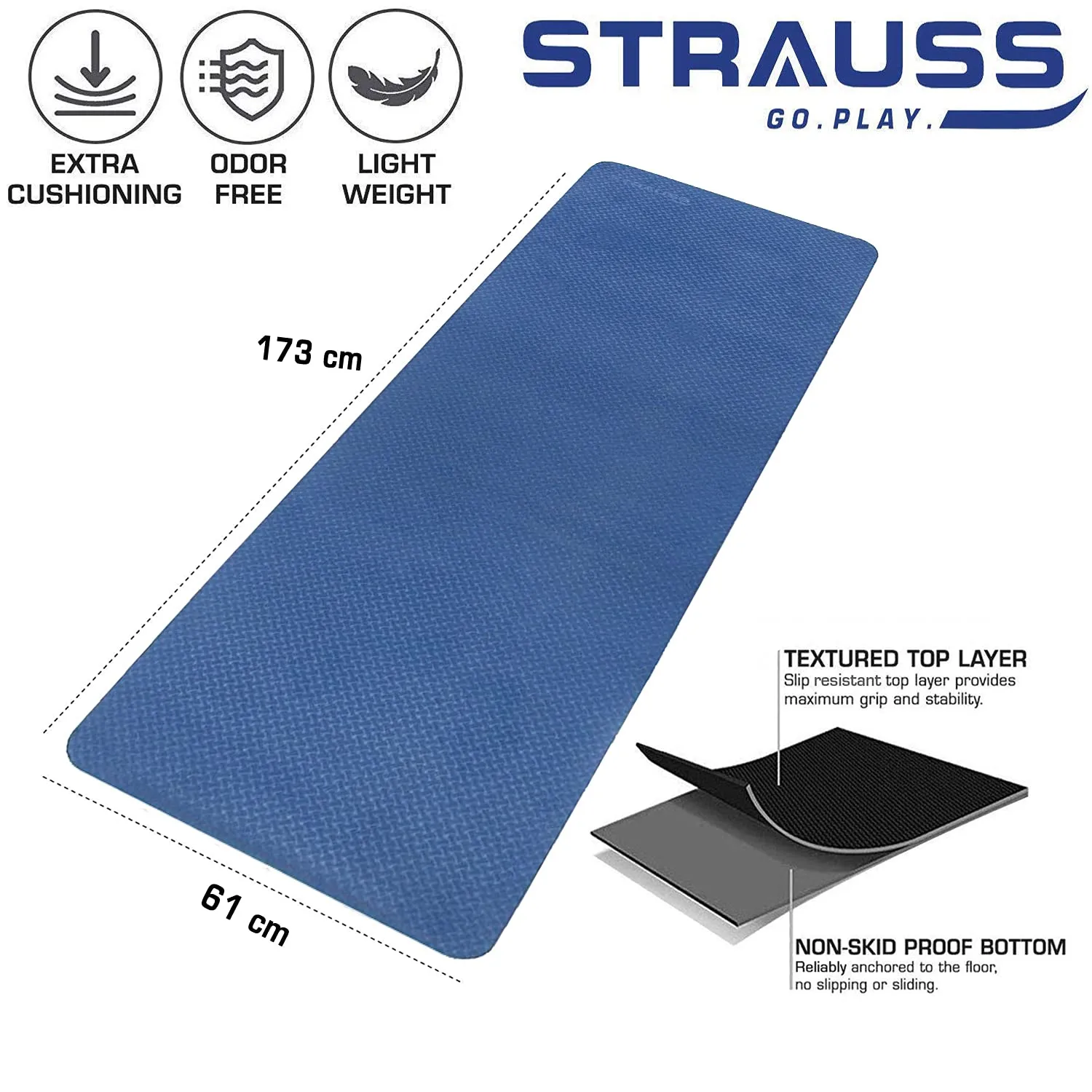 Strauss Yoga Mats for Women | Eco-Friendly mat for Men | Exercise mat for Home Workout, Pilates, Gym mat Anti Slip Fitness mat | Yoga Mat for Kids, Cushioned Yoga mat with Carry Bag, 6mm (Blue)