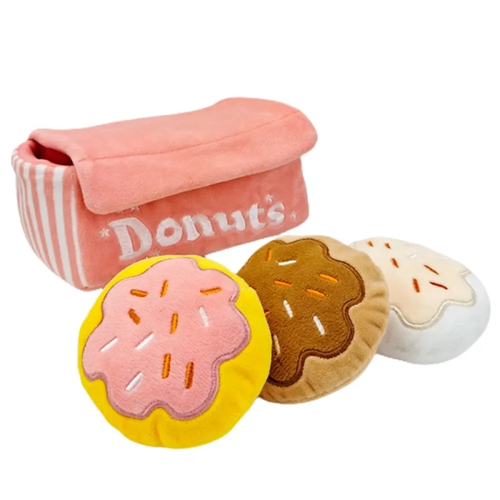 Talking Dog Club Donut Box with 3 Detachable Donut Interactive Plush Toy for Dogs (Pink)