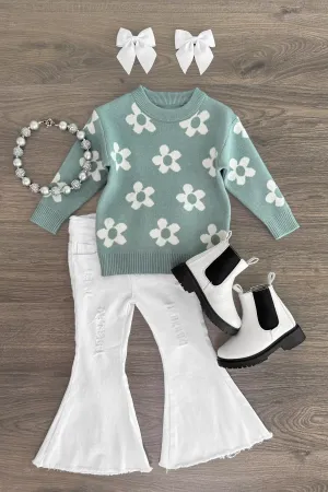 Teal Floral Sweater Denim Bell Bottom Set