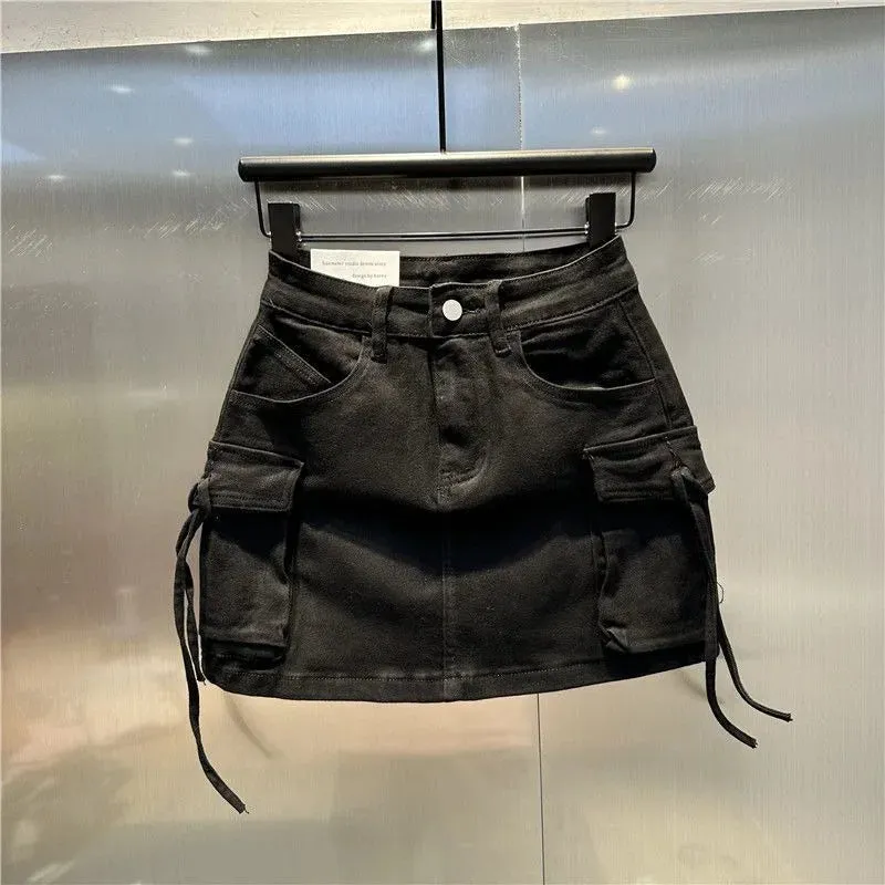 Three Dimensional Strap Pocket Wash High Tooling Denim Skirt