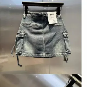 Three Dimensional Strap Pocket Wash High Tooling Denim Skirt