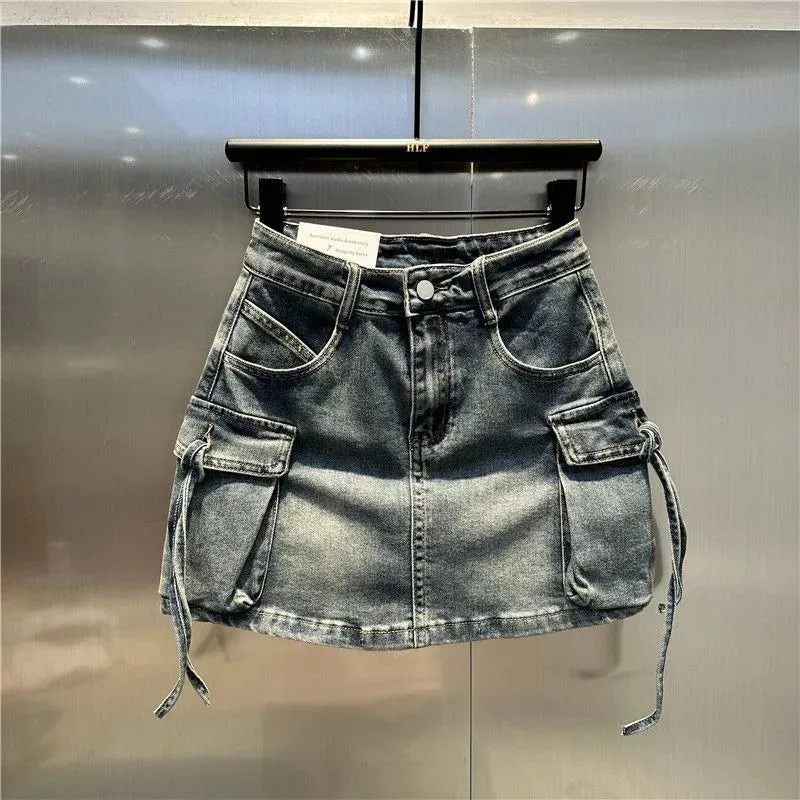 Three Dimensional Strap Pocket Wash High Tooling Denim Skirt